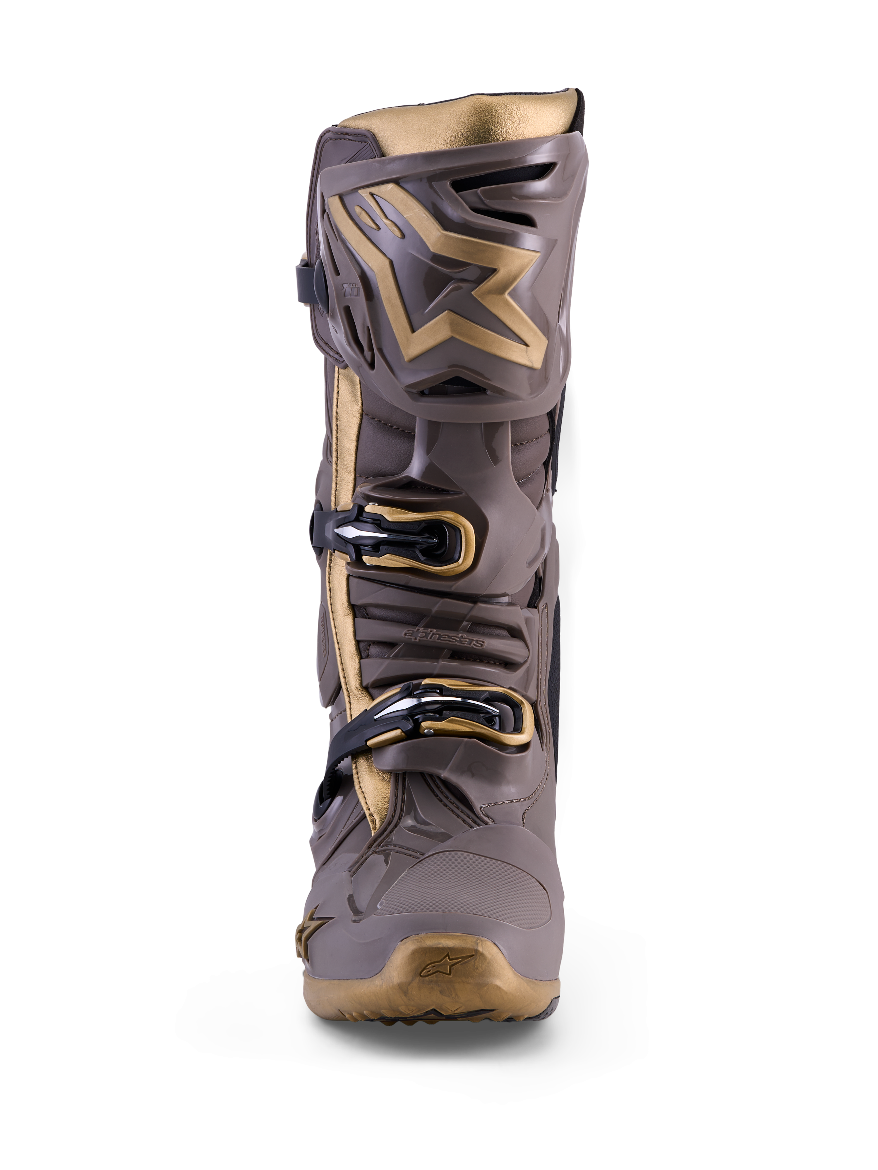 Alpinestars Tech 10 Air Gold Motocross-Stiefel in Earth Brown Gold mit TPU-Rüstung und metallisch-goldenen Akzenten.