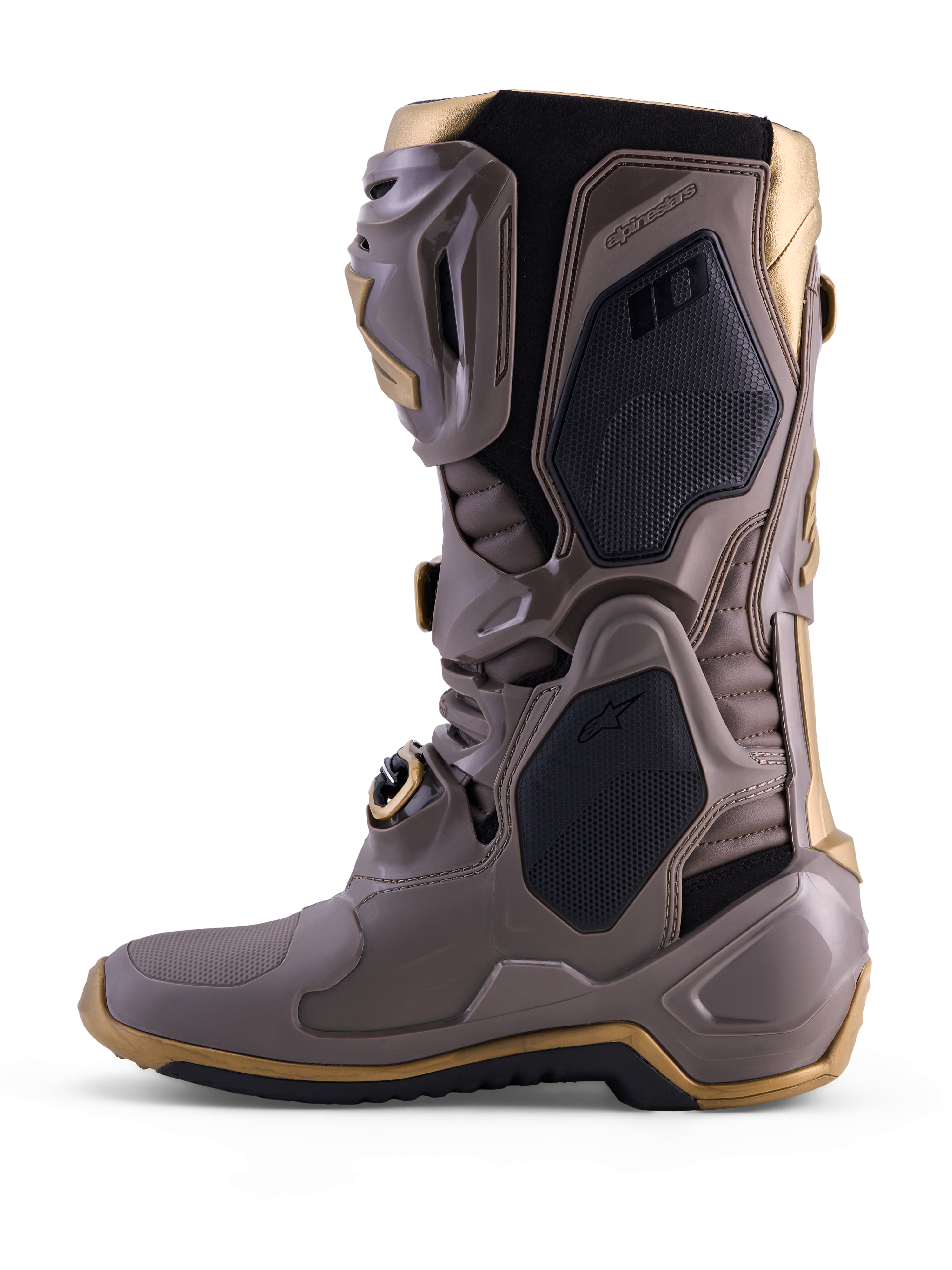 Alpinestars Tech 10 Air Gold Stiefel in Earth Brown Gold mit schützender TPU-Schale und goldenen Metallic-Akzenten.