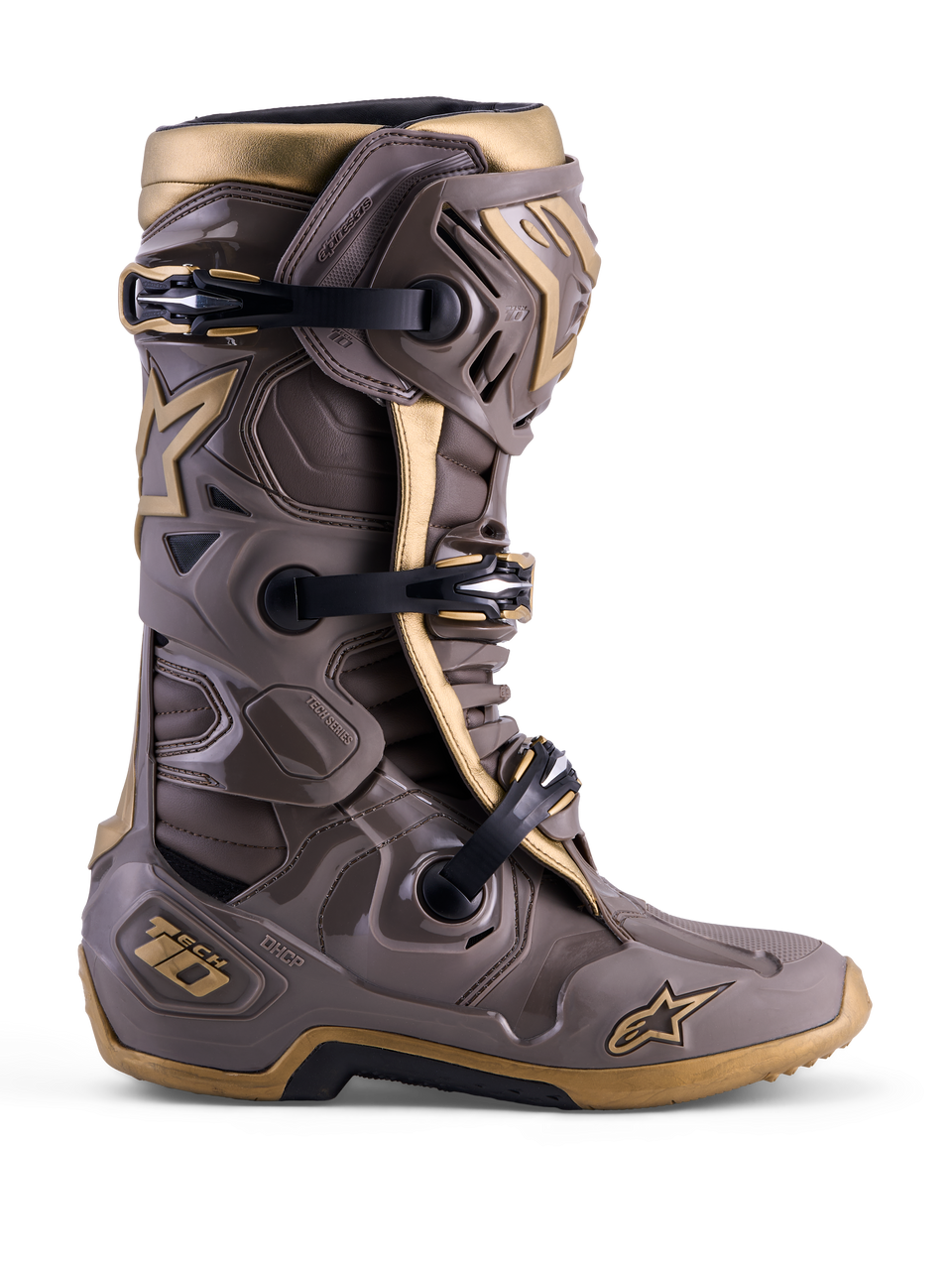 Alpinestars Limited Edition Tech 10 Air Gold Motocross-Stiefel in Earth Brown Gold mit schützender TPU-Schale.