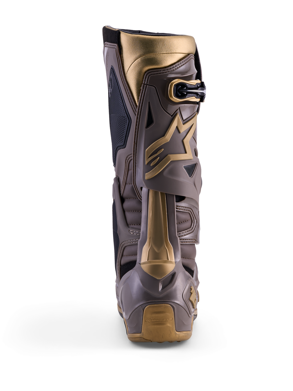 Alpinestars Tech 10 Air Gold Motocross-Stiefel, Rückansicht in Earth Brown Gold mit TPU-Schale und Gold-Akzenten.