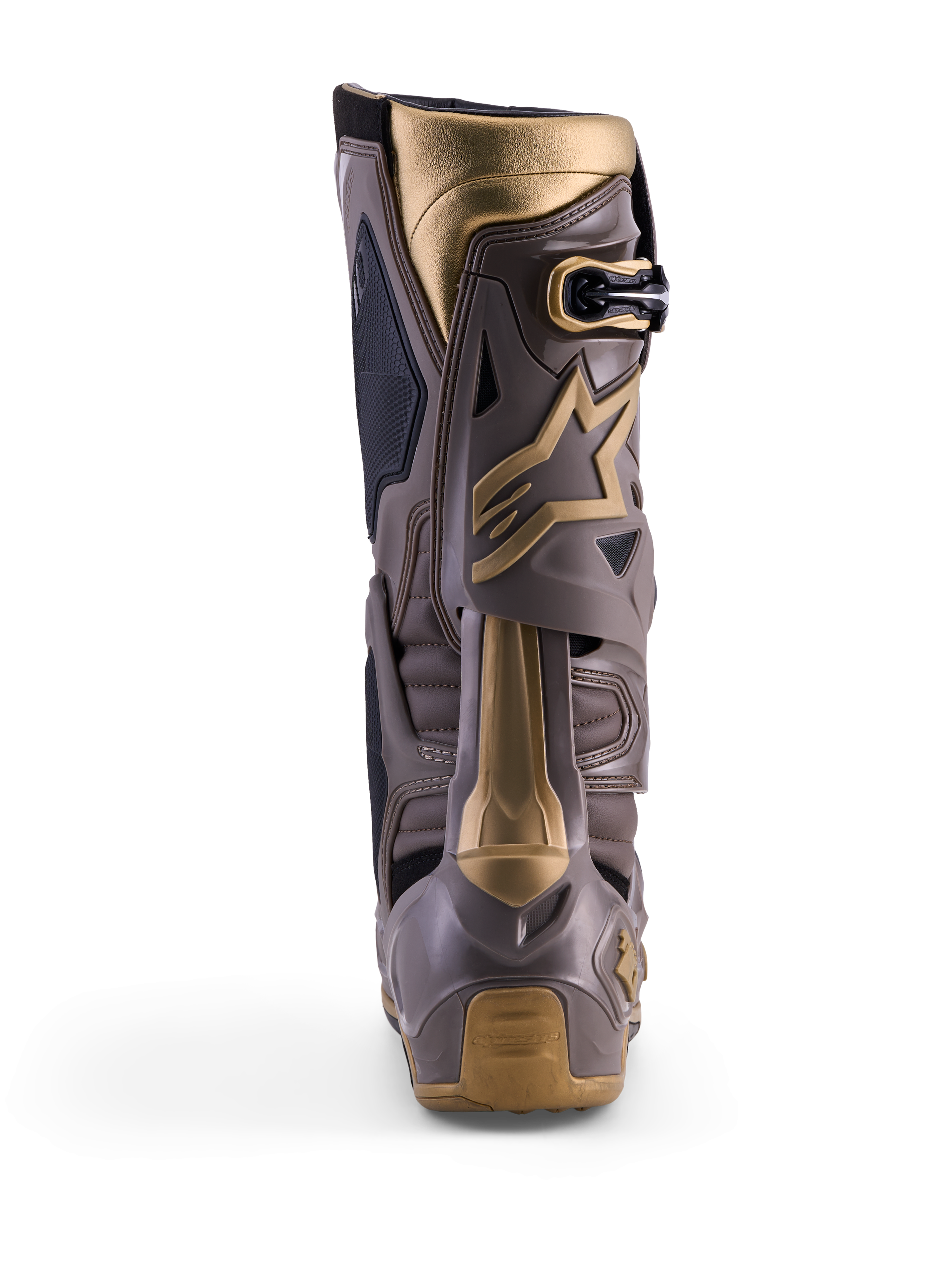 Alpinestars Tech 10 Air Gold Motocross-Stiefel, Rückansicht in Earth Brown Gold mit TPU-Schale und Gold-Akzenten.