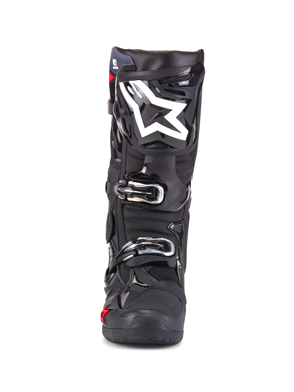 Alpinestars Tech 10 Enduro Boots, Motocross Boots, Black, front view showing white star logo on shin, silver buckles, sleek black finish with rugged protective panels, high-performance footwear for off-road riding