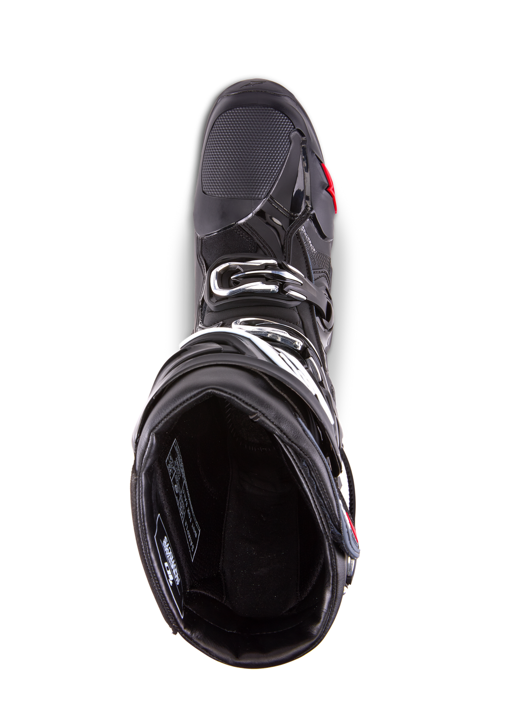 Alpinestars Tech 10 Enduro Boots, Motocross Boots, Black, top-down view showing the interior lining, triple buckle closure system, and reinforced toe area, designed for high-performance off-road and enduro racing