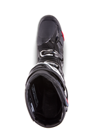 Alpinestars Tech 10 Enduro Boots, Motocross Boots, Black, top-down view showing the interior lining, triple buckle closure system, and reinforced toe area, designed for high-performance off-road and enduro racing