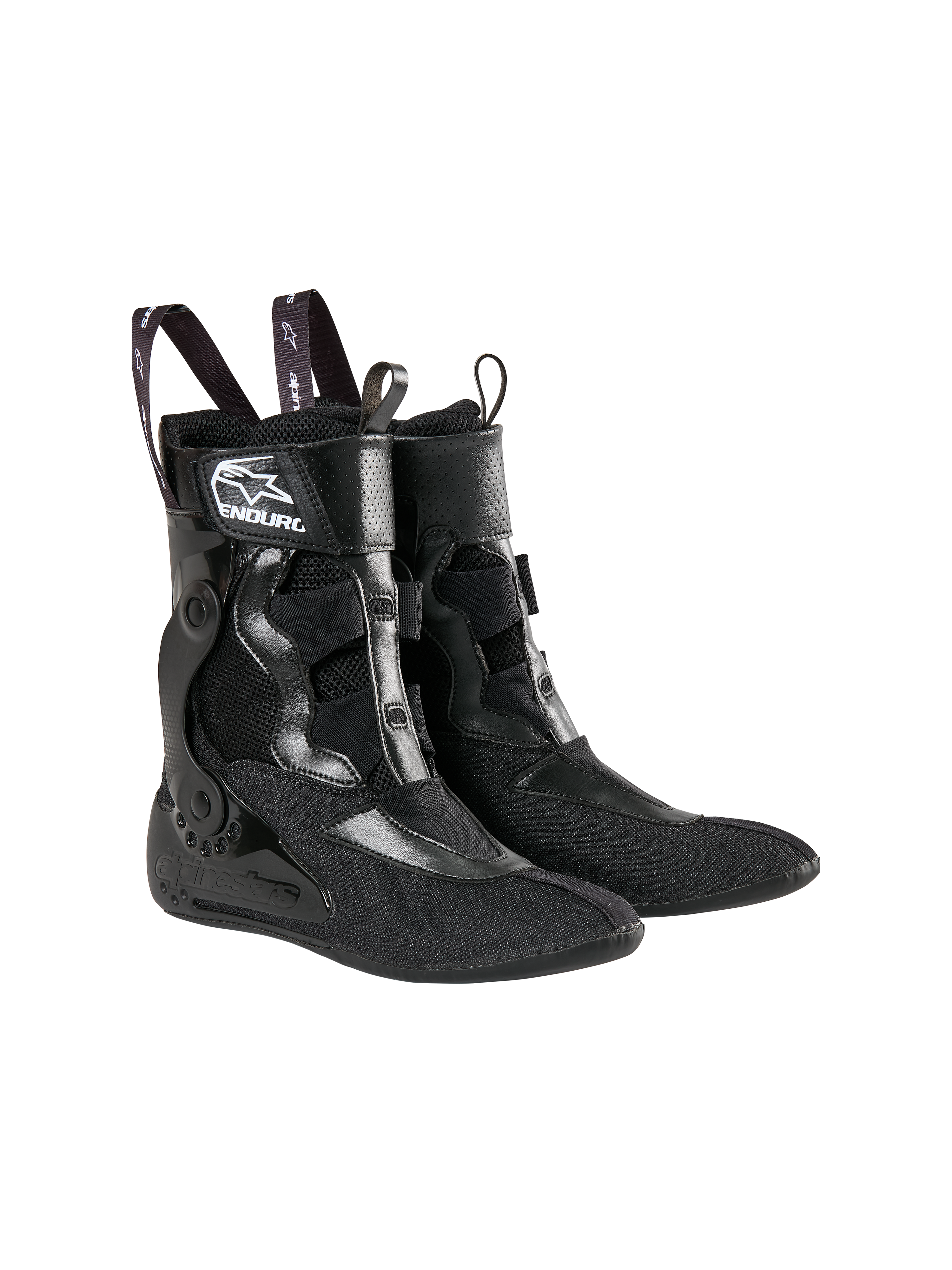 Alpinestars Tech 10 Enduro Inner Booties, black technical footwear inserts, featuring mesh and synthetic construction, Alpinestars and Enduro branding on the ankle, pull tabs for easy entry, designed for motocross and enduro racing support