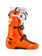 Alpinestars Tech 10 Enduro Boots, Motocross Off-Road Boots, Orange Fluo with Black and White Accents, side view featuring triple buckle closure system, rugged black sole, and protective TPU construction for enduro riding.