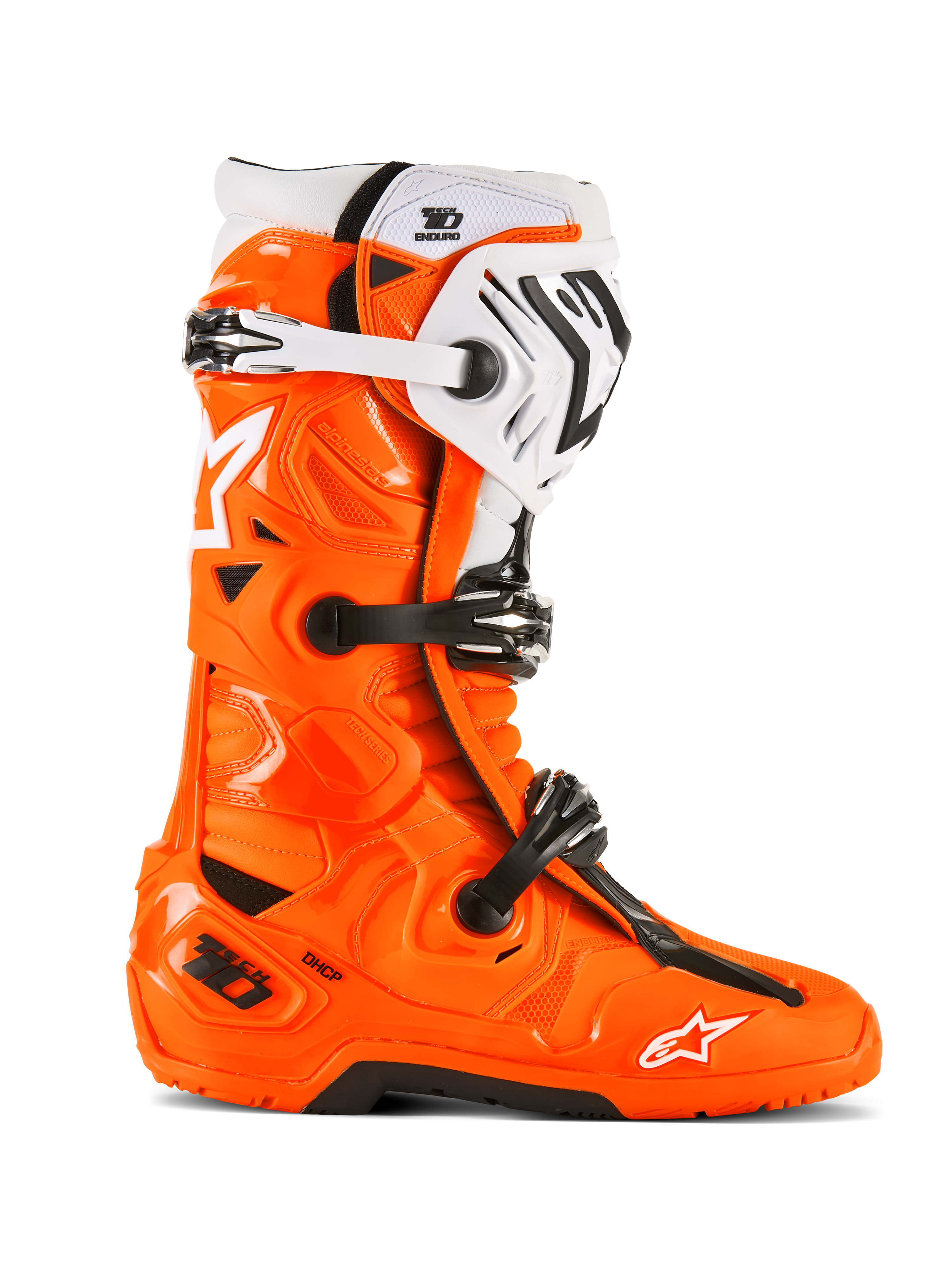 Alpinestars Tech 10 Enduro Boots, Motocross Off-Road Boots, Orange Fluo with Black and White Accents, side view featuring triple buckle closure system, rugged black sole, and protective TPU construction for enduro riding.
