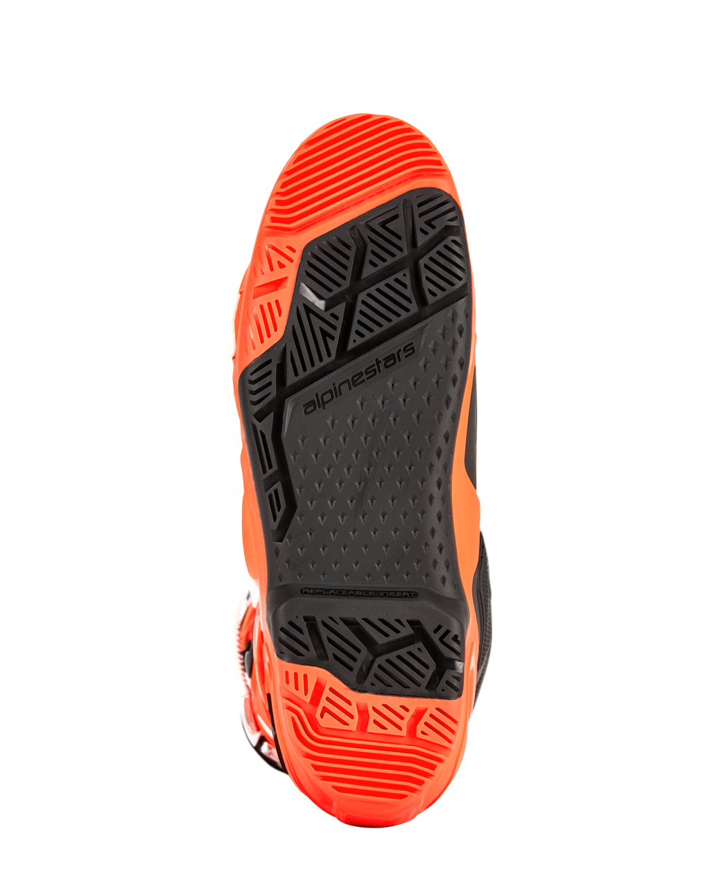 Alpinestars Tech 10 Enduro Boots, detailed view of the sole, Orange Fluo and Black, featuring a specialized dual-compound tread with high-grip geometric patterns and a replaceable footpeg insert for off-road performance.