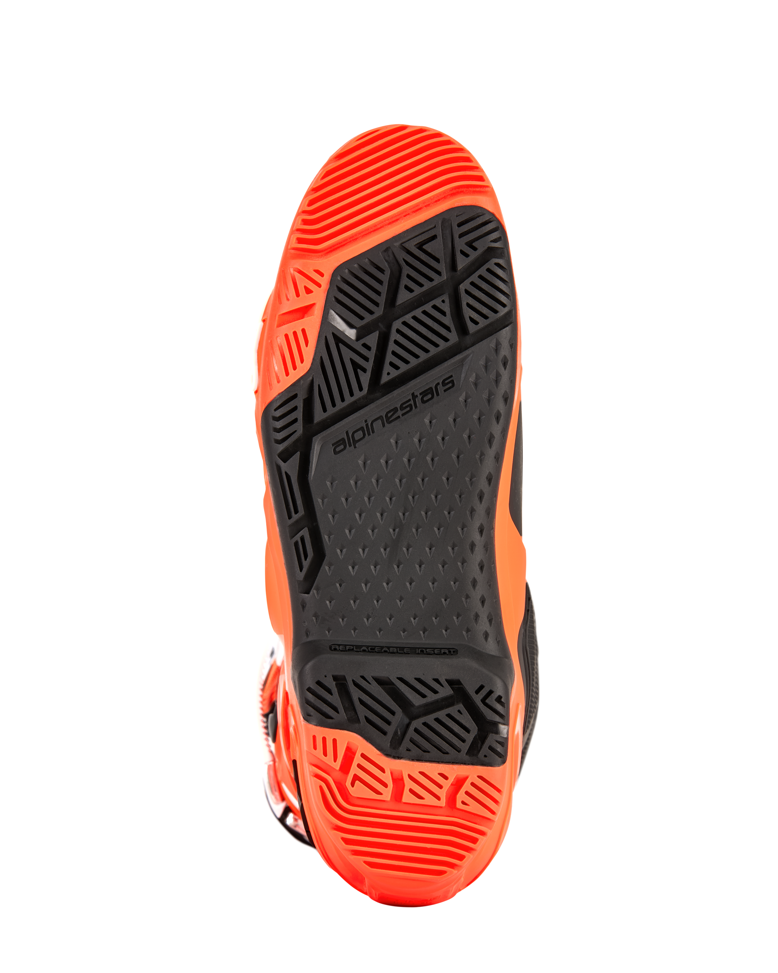 Alpinestars Tech 10 Enduro Boots, detailed view of the sole, Orange Fluo and Black, featuring a specialized dual-compound tread with high-grip geometric patterns and a replaceable footpeg insert for off-road performance.