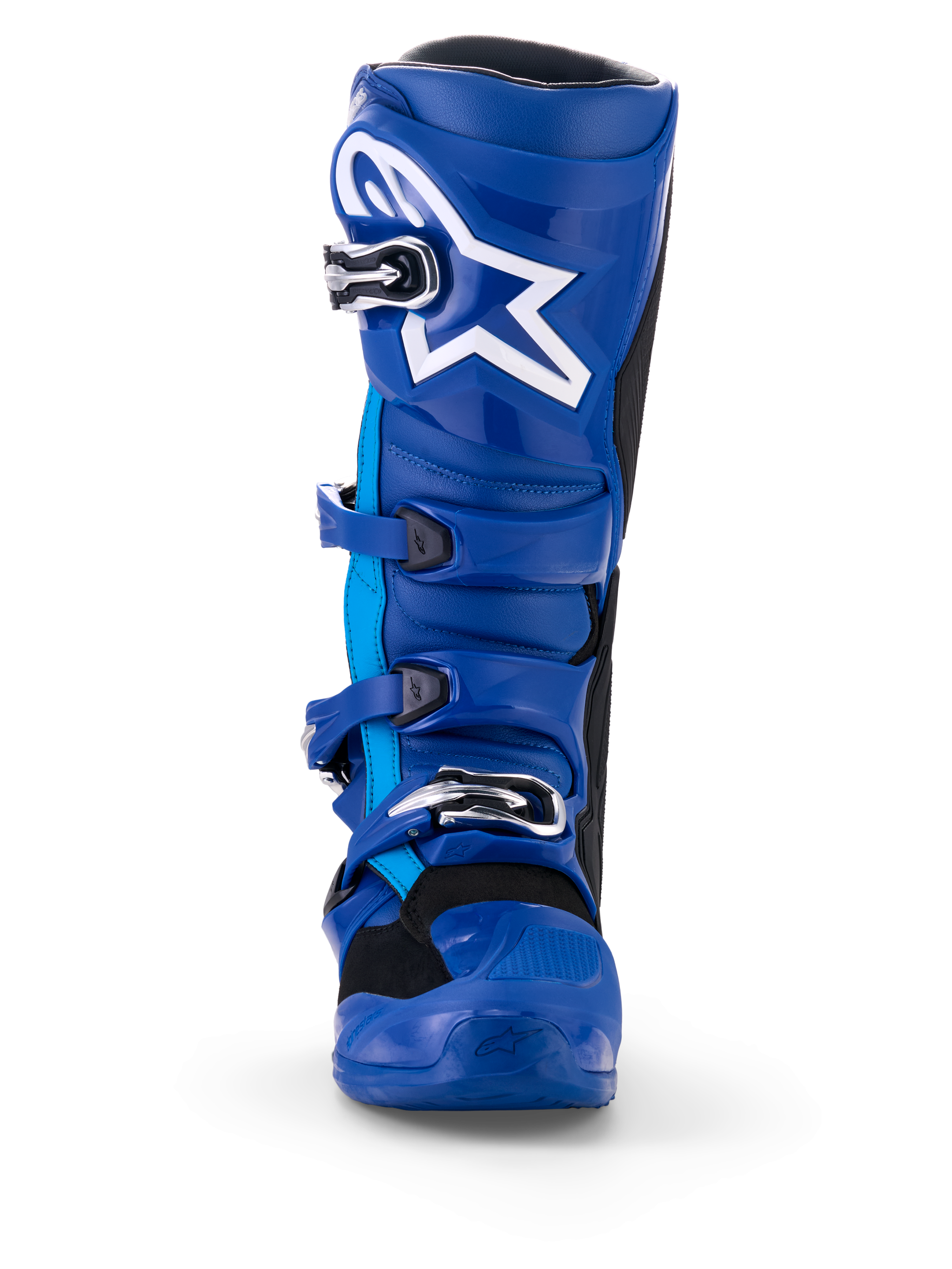 Alpinestars Yamaha Tech 7 Stiefel, Motocross-Stiefel, Blau und Weiß, Vorderansicht, mit weißem Astar-Logo, silbernem Schnallensystem und robuster TPU-Schutzschale für Dirt-Bike-Rennen