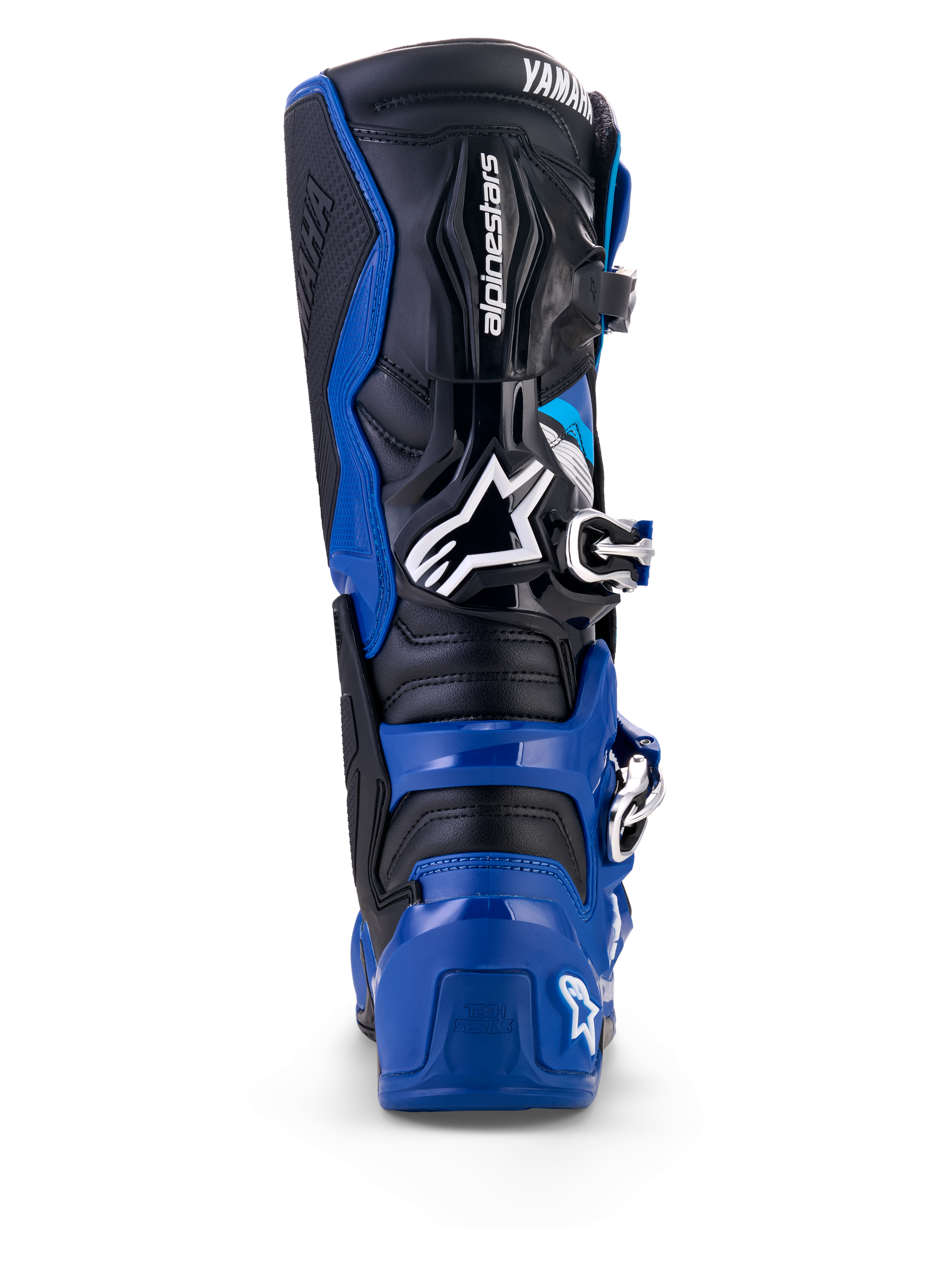 Rückansicht der Alpinestars Yamaha Tech 7 Stiefel in Blau, Schwarz und Weiß, mit einer schützenden TPU-Schale, einem Gelenksystem am Knöchel und markanten Alpinestars- und Yamaha-Logos, entwickelt für Motocross- und Offroad-Fahrten.