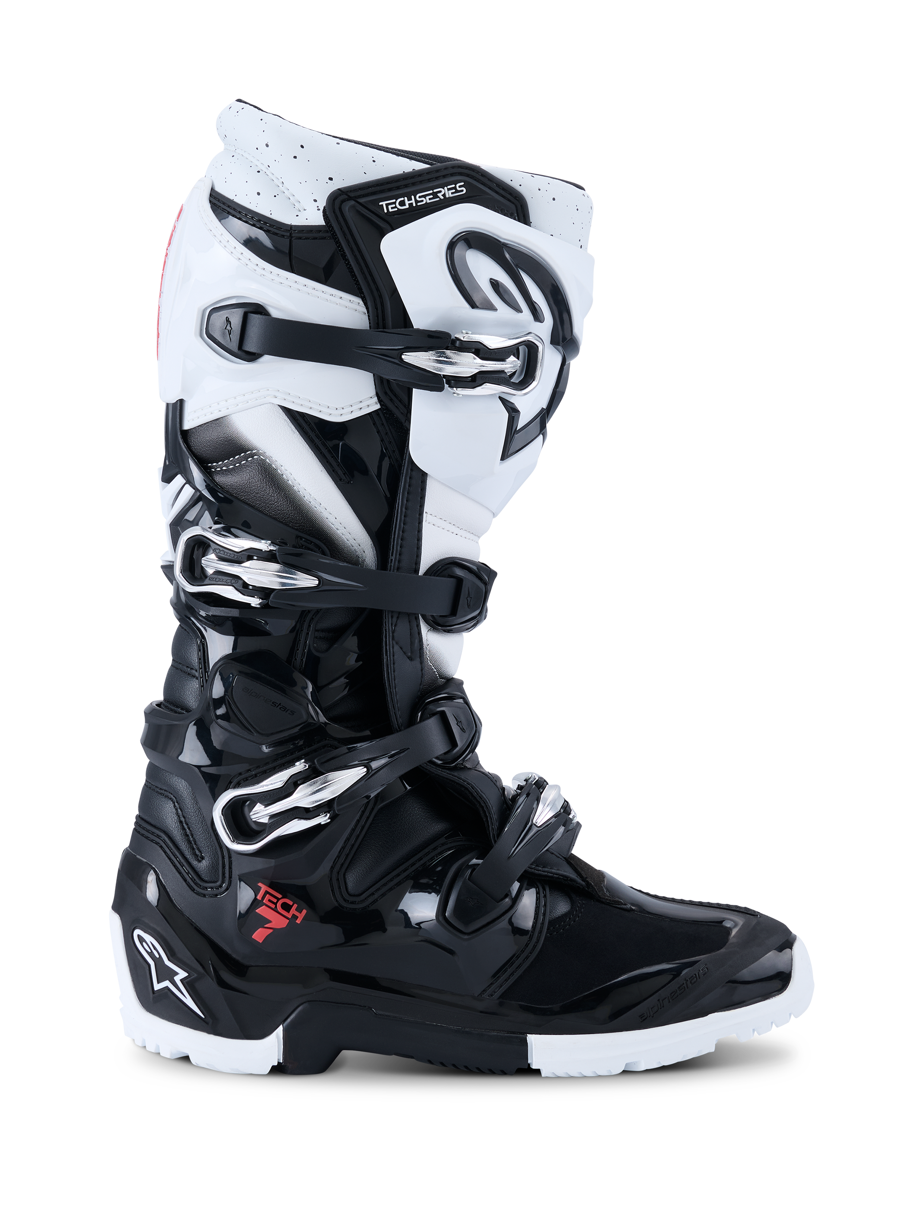 Alpinestars 2026 Tech 7 Enduro Stiefel, Offroad-Motorradstiefel, Schwarz und Weiß, mit vier Metallschnallen, hochschlagfesten TPU-Schutzpaneelen, robuster Dual-Compound-Sohle und auffälligem Alpinestars-Branding an Ferse und Schienbein