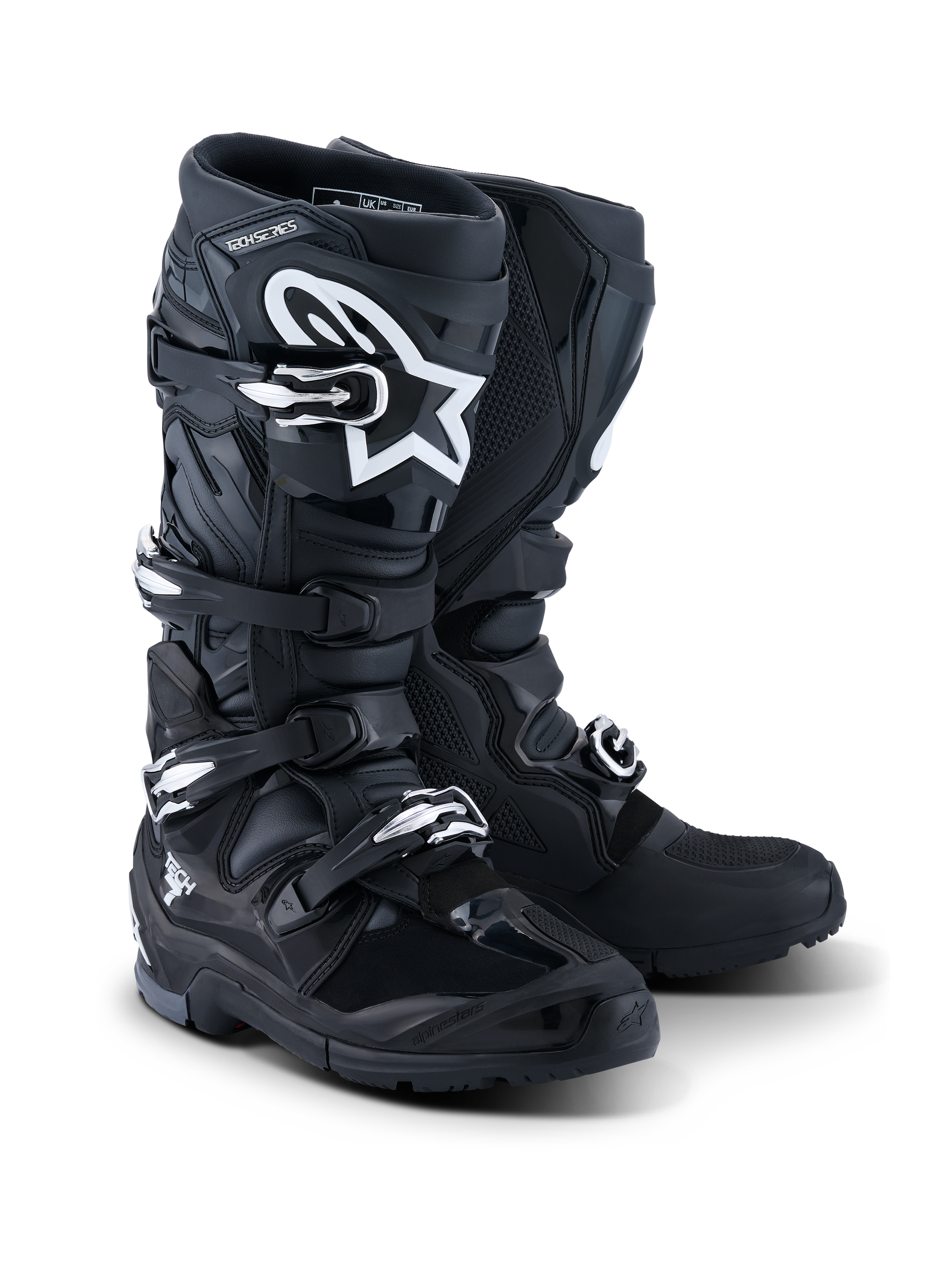 Alpinestars 2026 Tech 7 Enduro Stiefel, Motorrad-Enduro-Stiefel, Schwarz, Anthrazit und Weiß, mit einem Vier-Schnallen-Verschlusssystem, weißem A-Star-Logo auf der Schienbeinplatte, robuster Dual-Compound-Sohle für Offroad-Traktion