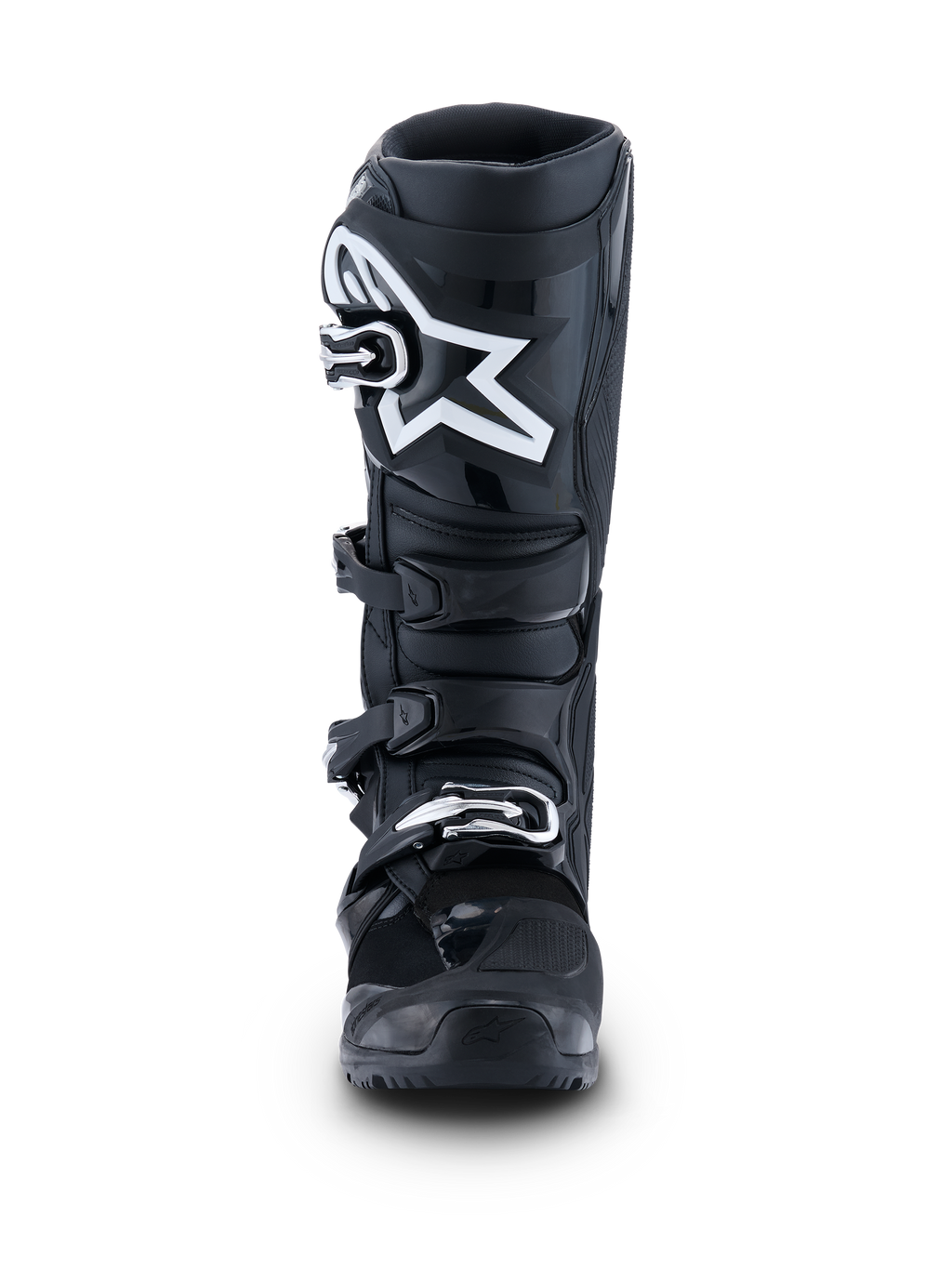 Alpinestars 2026 Tech 7 Enduro Stiefel, Schwarz Anthrazit Weiß, Vorderansicht mit markantem weißem Stern-Logo auf der Schienbeinplatte, Vier-Schnallen-Schnellverschlusssystem und verstärkter Schutzstruktur für Enduro- und Offroad-Fahrten