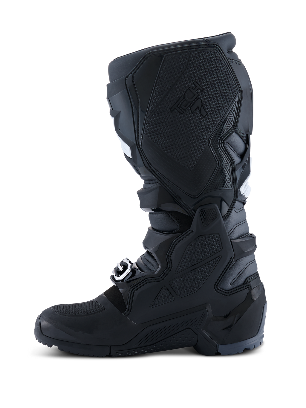 Alpinestars 2026 Tech 7 Enduro Stiefel, Motocross- und Enduro-Stiefel, Schwarz Anthrazit Weiß, mediale Seitenansicht mit texturiertem TPU-Panel für Bike-Kontakt, robuster Dual-Compound-Sohle und strapazierfähiger Mikrofaser-Konstruktion.