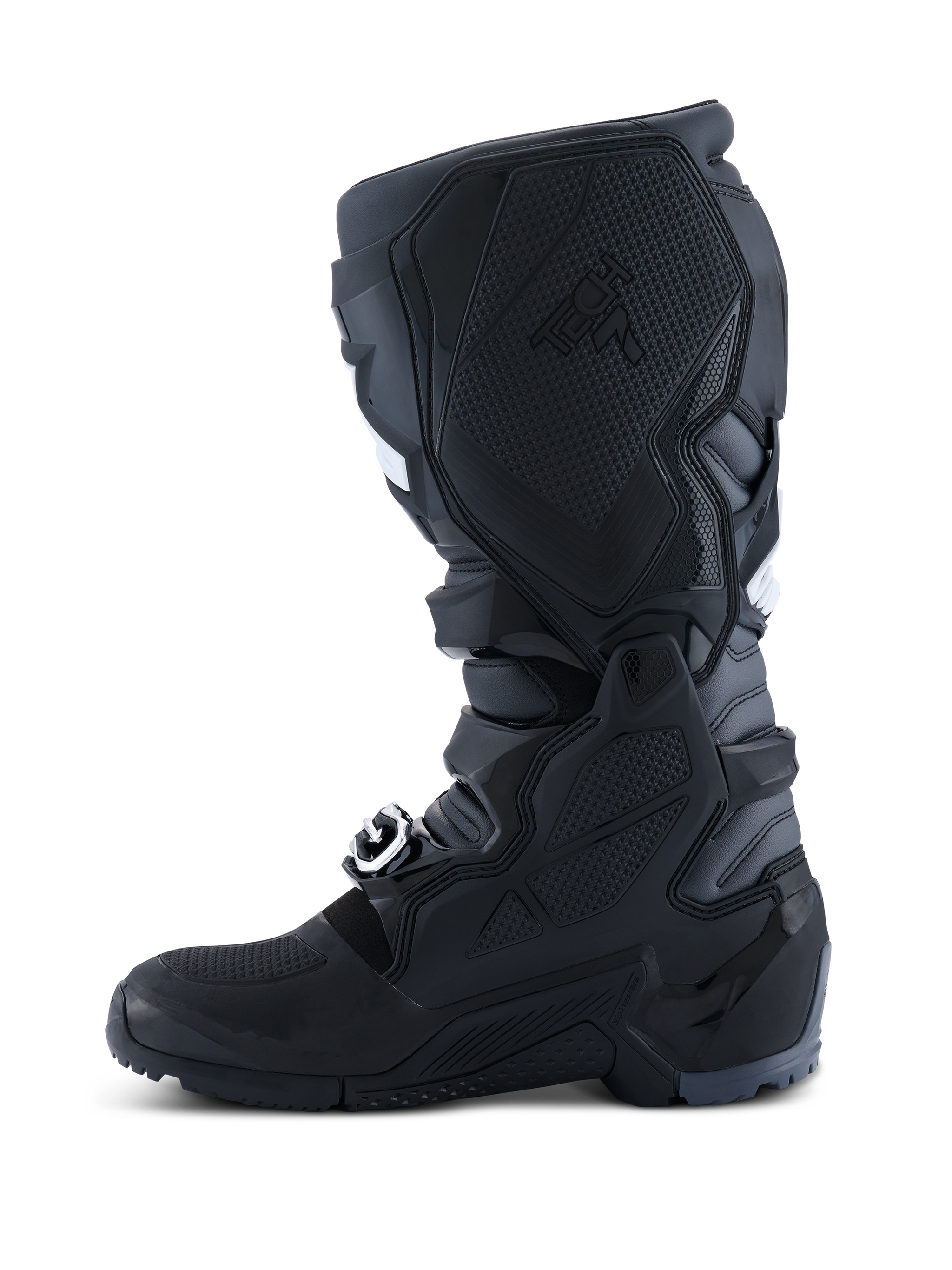 Alpinestars 2026 Tech 7 Enduro Stiefel, Motocross- und Enduro-Stiefel, Schwarz Anthrazit Weiß, mediale Seitenansicht mit texturiertem TPU-Panel für Bike-Kontakt, robuster Dual-Compound-Sohle und strapazierfähiger Mikrofaser-Konstruktion.