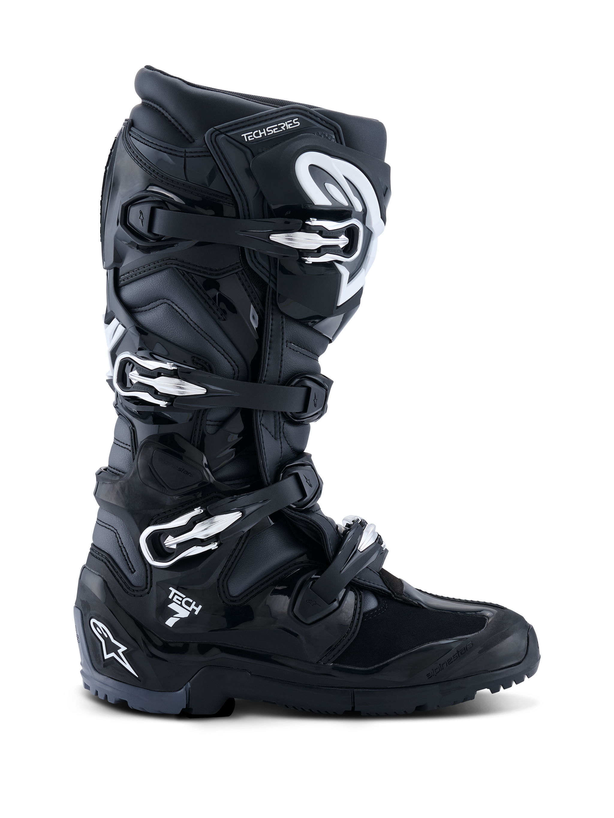 Alpinestars 2026 Tech 7 Enduro Stiefel, Schwarz Anthrazit Weiß, spezialisierte Offroad-Motorradstiefel, Vier-Schnallen-Verschlusssystem, strapazierfähiges PU-verstärktes Mikrofaser-Obermaterial, robuste Profilsohle für Enduro-Gelände, markantes Tech 7 Logo an der Ferse