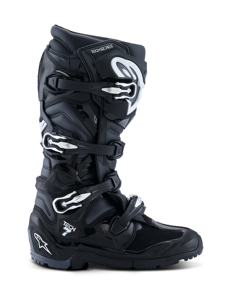 Alpinestars 2026 Tech 7 Enduro Stiefel, Schwarz Anthrazit Weiß, spezialisierte Offroad-Motorradstiefel, Vier-Schnallen-Verschlusssystem, strapazierfähiges PU-verstärktes Mikrofaser-Obermaterial, robuste Profilsohle für Enduro-Gelände, markantes Tech 7 Logo an der Ferse