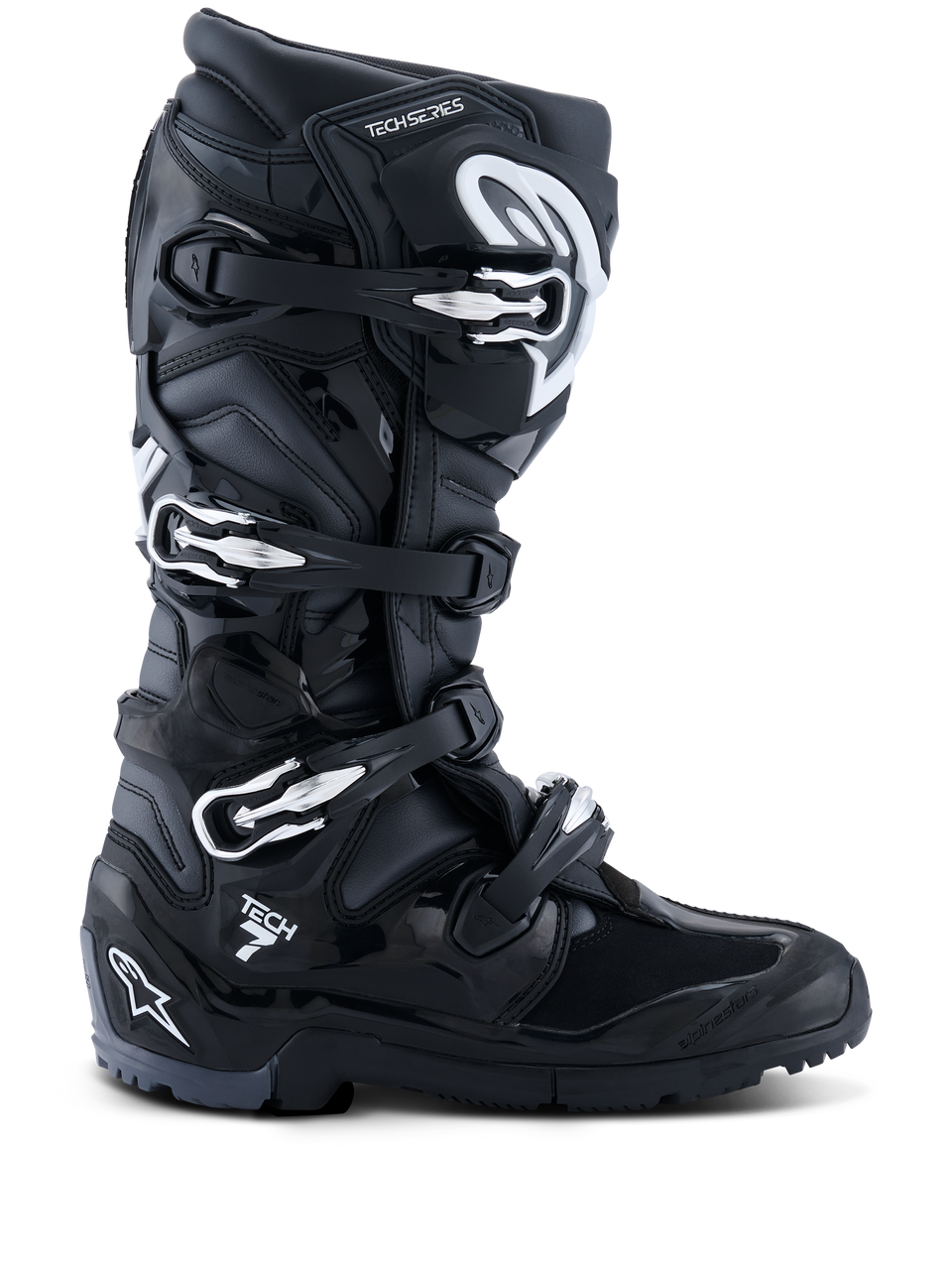 Alpinestars Tech 7 Enduro Boots, Black Motocross Off-Road Boots, Multiple Silver Buckles and Straps, Textured Panels for Grip, Rugged Sole for Traction, White Star Logo Branding, Protective Design for Enduro Racing