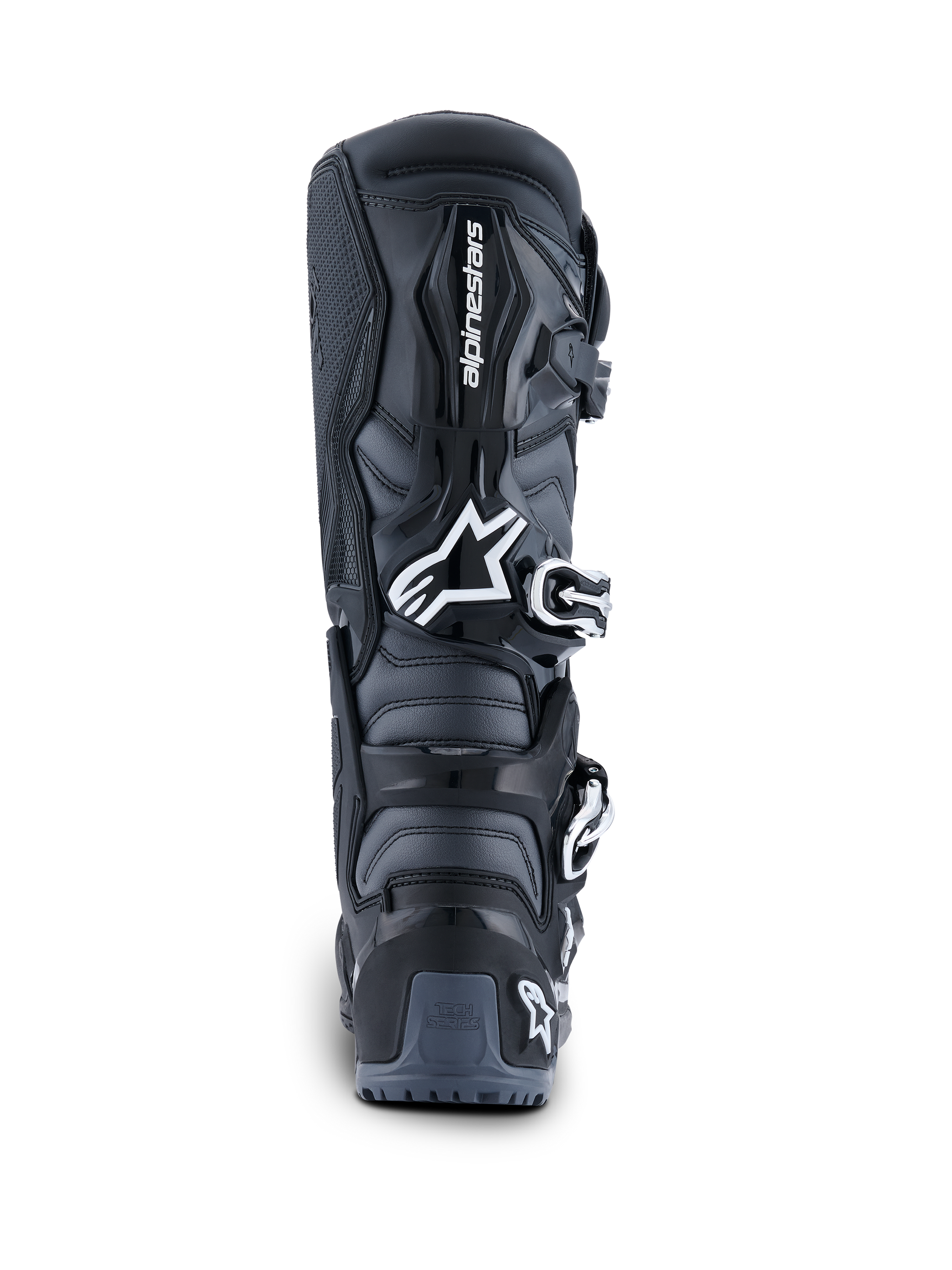 Alpinestars 2026 Tech 7 Enduro Stiefel, Rückansicht, Schwarz Anthrazit und Weiß, Offroad-Motorradstiefel mit weißem Astar-Logo, Schnallenverschlusssystem und TPU-Fersenschutz