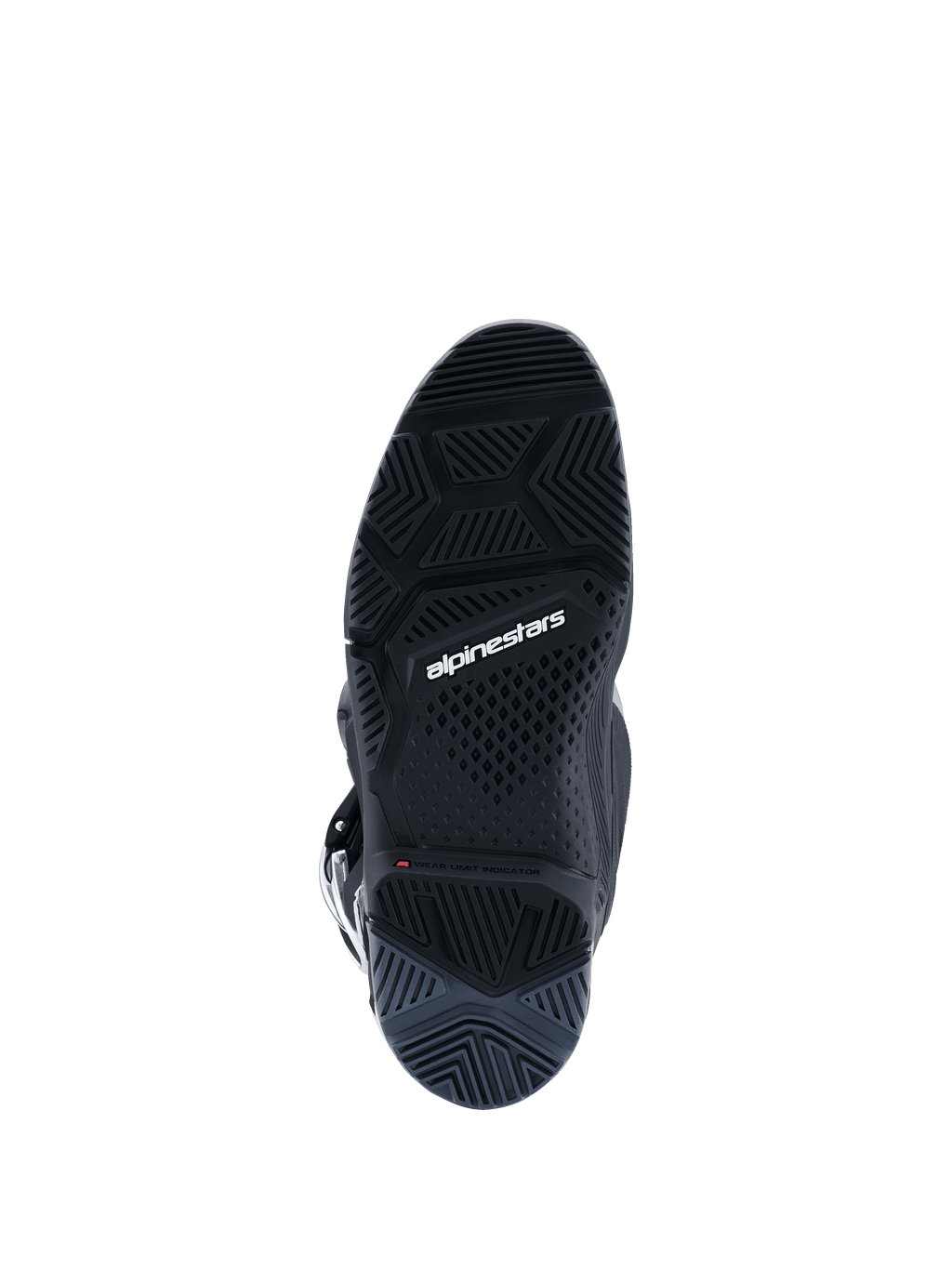 Alpinestars 2026 Tech 7 Enduro Stiefel, Schwarz Anthrazit Weiß, Unteransicht der spezialisierten Enduro-spezifischen Dual-Compound-Sohle, detailliertes Profilmuster für Offroad-Traktion, weißes Alpinestars-Branding und Verschleißgrenzen-Anzeige