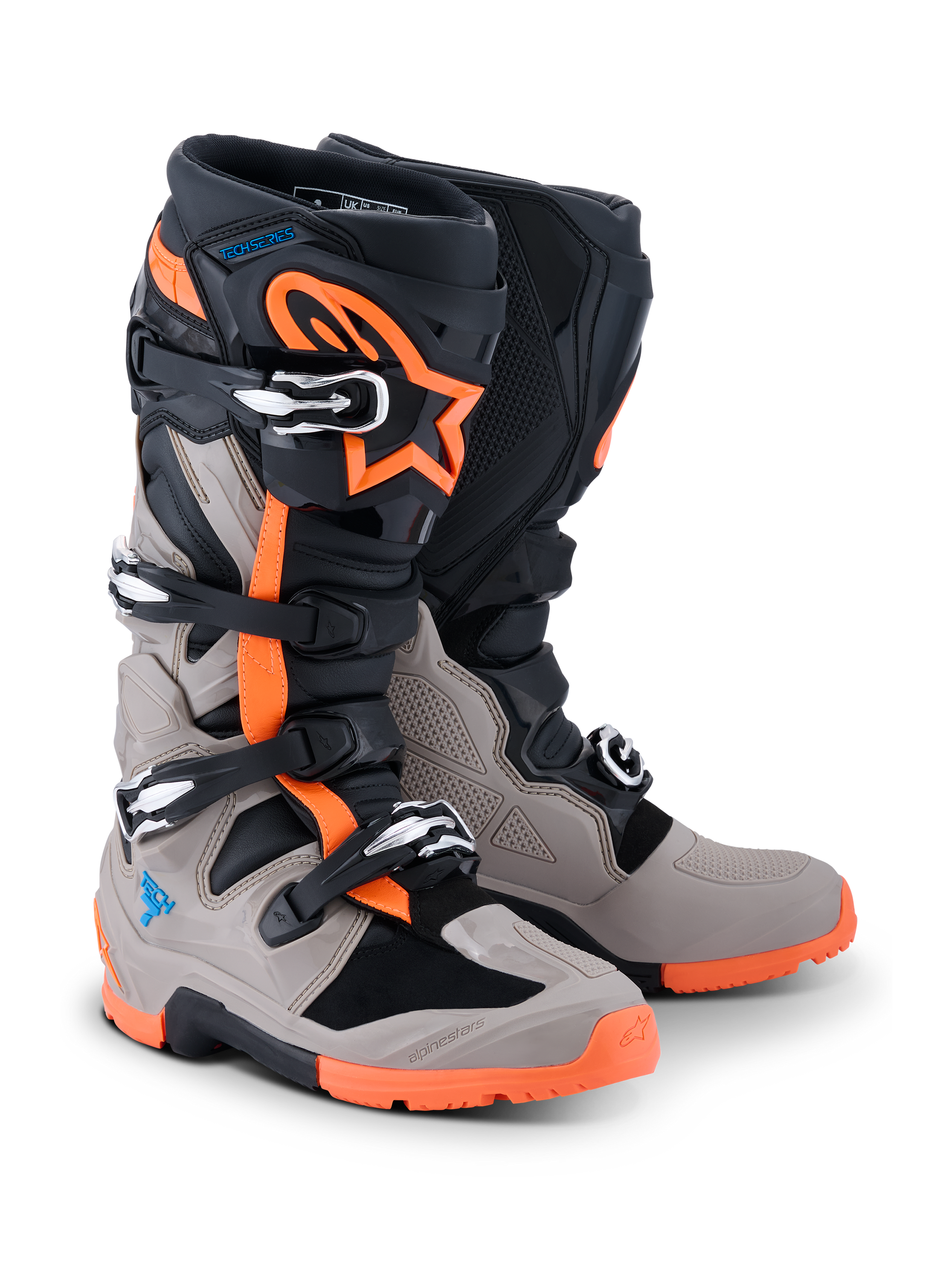 Alpinestars 2026 Tech 7 Enduro Boots, Black Warm Gray and Orange Fluo, off-road motorcycle boots with four buckle closures, rugged orange sole, protective TPU panels, and Alpinestars branding