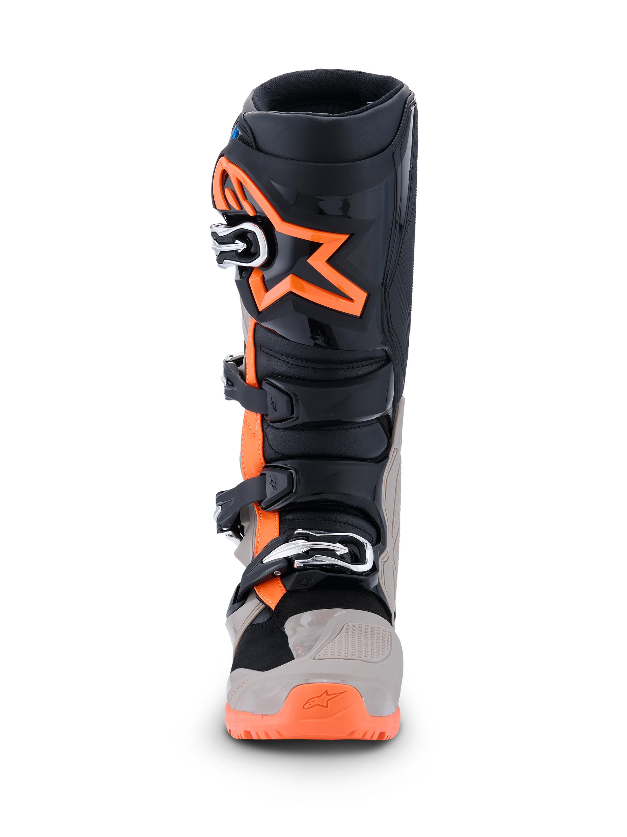 Alpinestars 2026 Tech 7 Enduro Boots, Motocross and Enduro Boots, Black Warm Gray and Orange Fluo, front view featuring large orange star logo on the shin, multi-buckle closure system, and rugged protective panels for off-road performance.