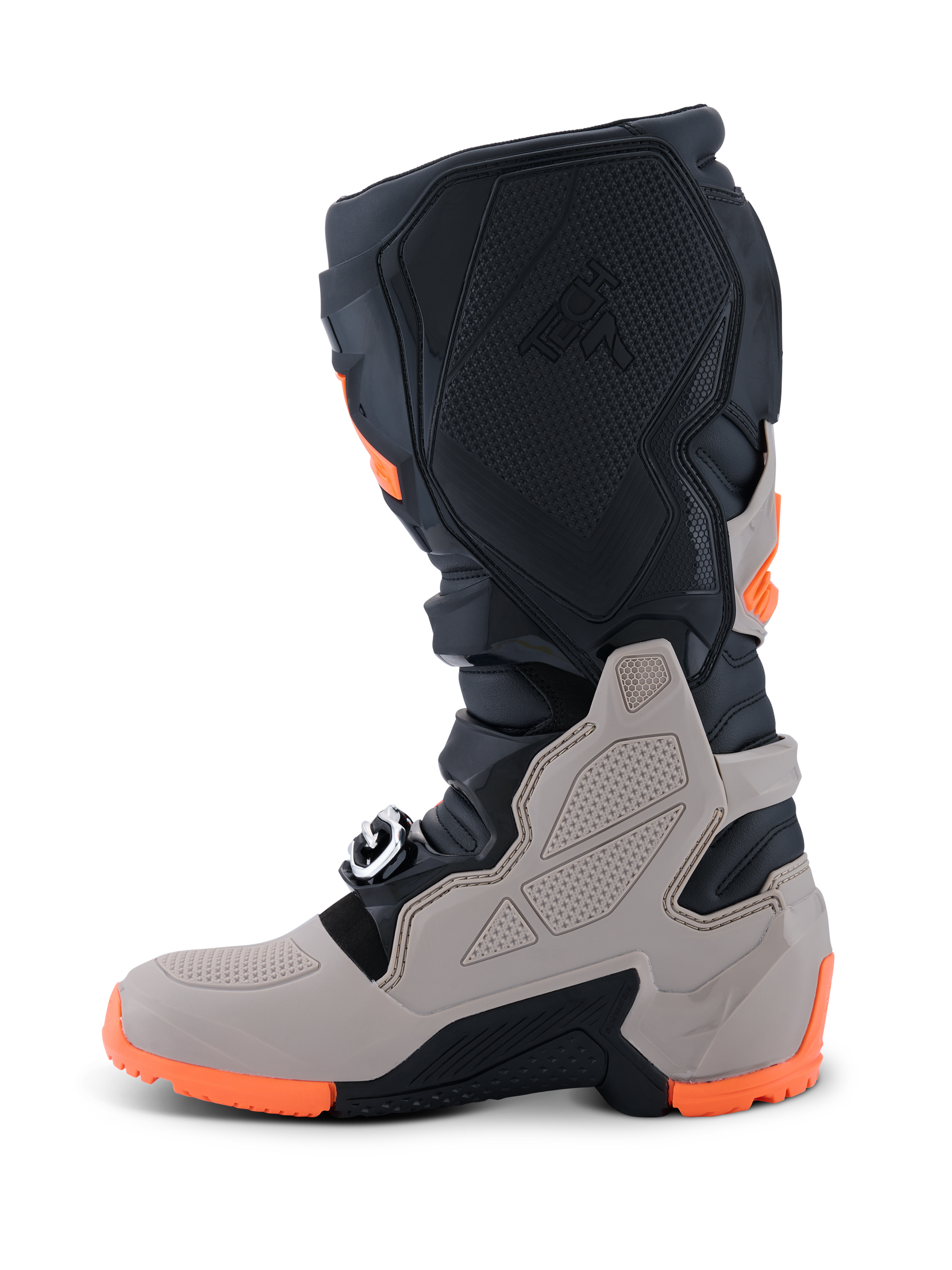Alpinestars 2026 Tech 7 Enduro Boots, Motocross and Enduro Boots, Black Warm Gray and Orange Fluo, side view featuring a rugged dual-compound sole, TPU shielding on the shin and ankle, and embossed Tech 7 branding.