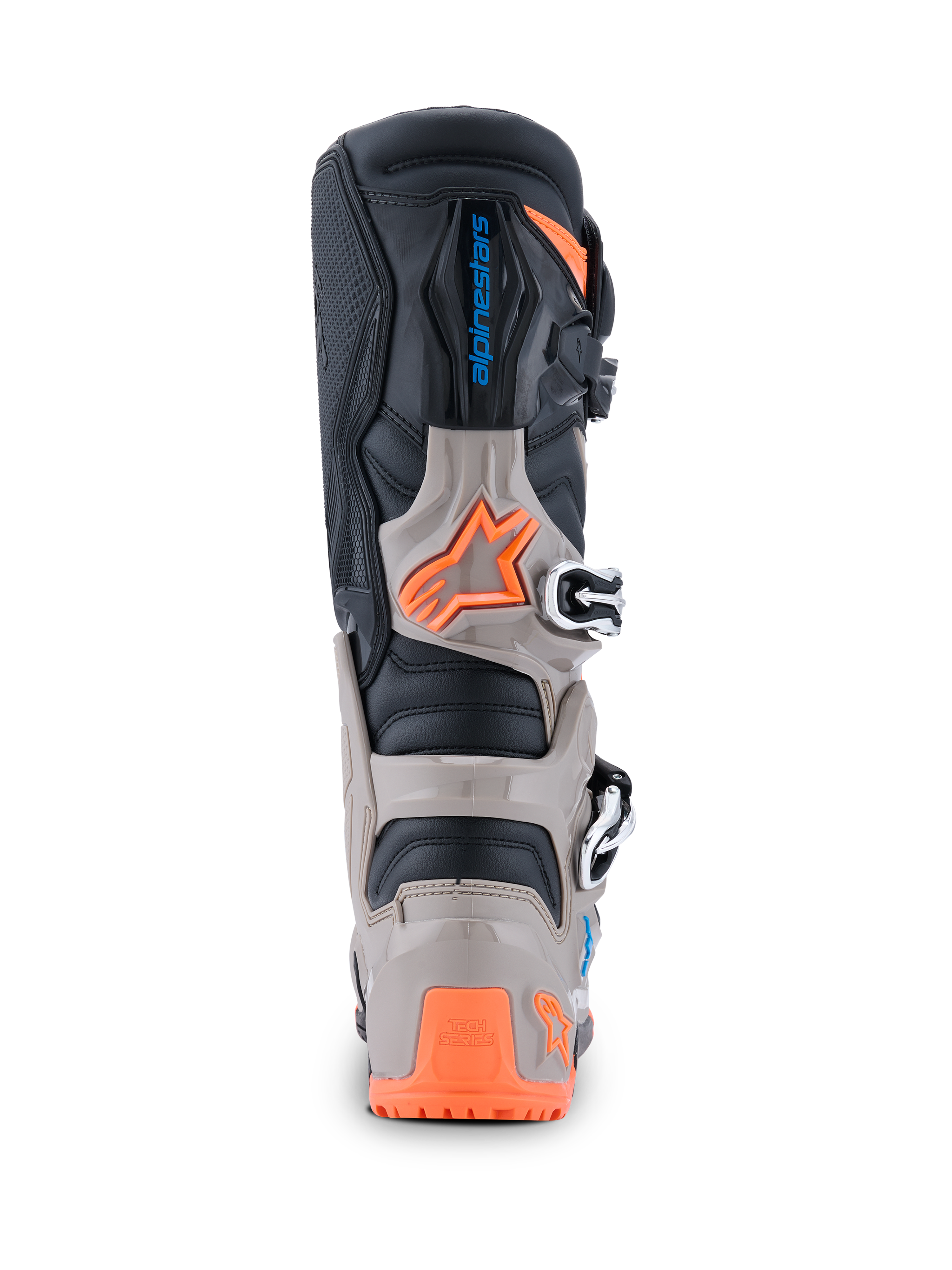 Alpinestars 2026 Tech 7 Enduro Boots, Rear view, Black Warm Gray and Orange Fluo, featuring TPU protection, Alpinestars branding, and secure buckle system for off-road riding