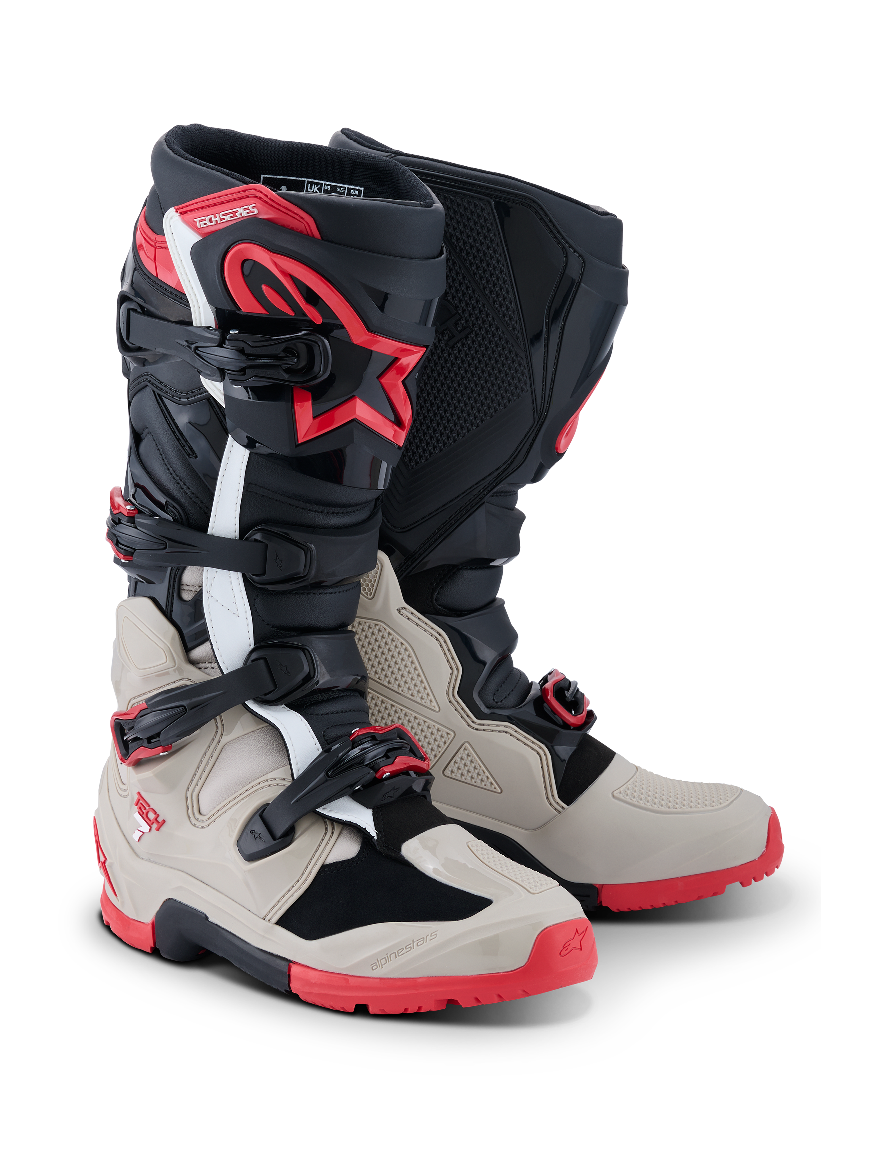 Alpinestars 2026 Tech 7 Enduro Stiefel, Motocross- und Enduro-Stiefel, Schwarz, Hellgrau und Hellrot, mit einem Vier-Schnallen-Verschlusssystem, TPU-Schienbeinschutz mit rotem Stern-Logo und einer robusten roten Sohle für Offroad-Performance