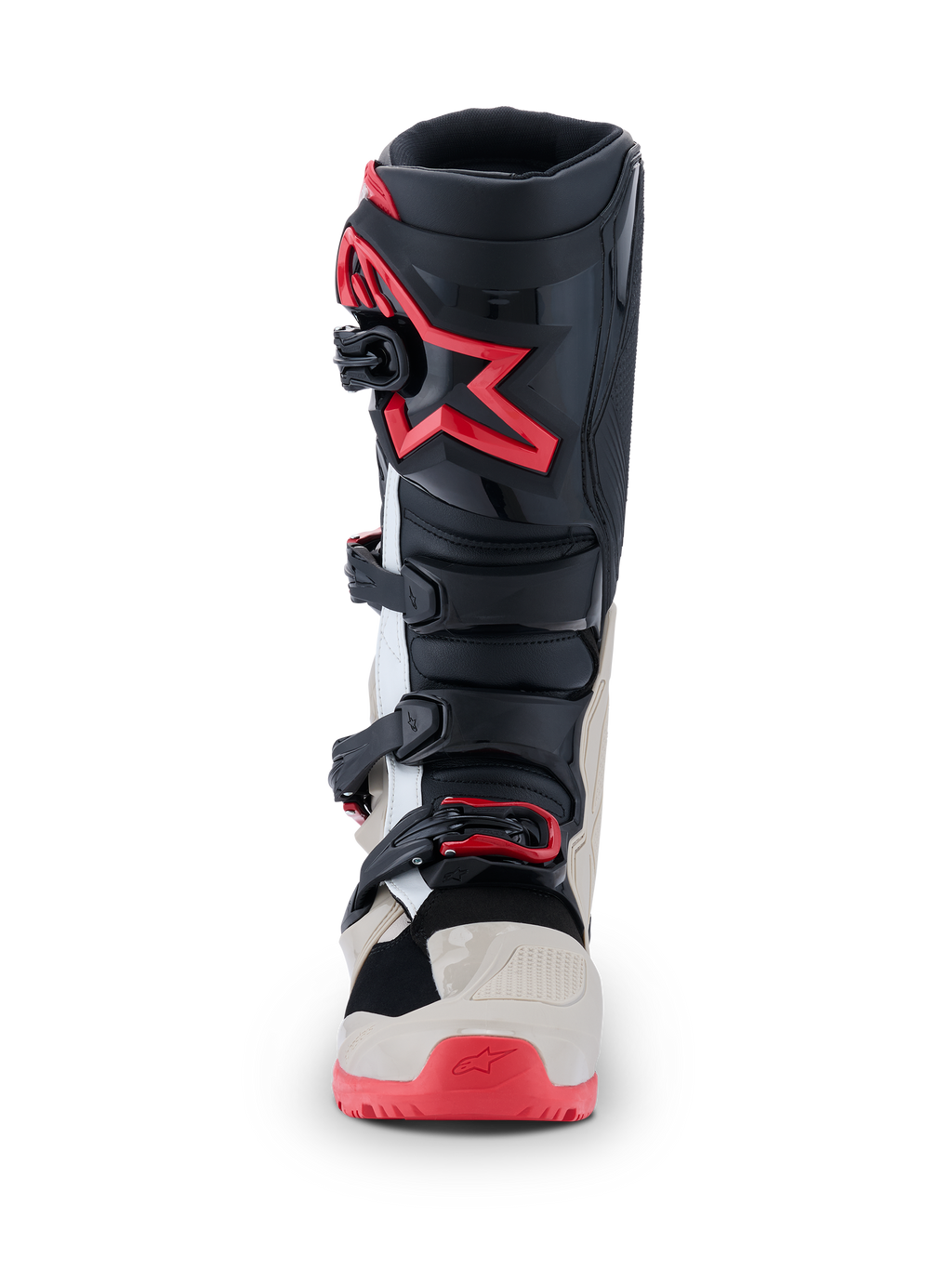 Alpinestars 2026 Tech 7 Enduro Stiefel, Motocross-Stiefel, Schwarz, Hellgrau und leuchtendes Rot, Vorderansicht mit Mehrfach-Schnallenverschlusssystem und rotem Stern-Logo auf dem Schienbein