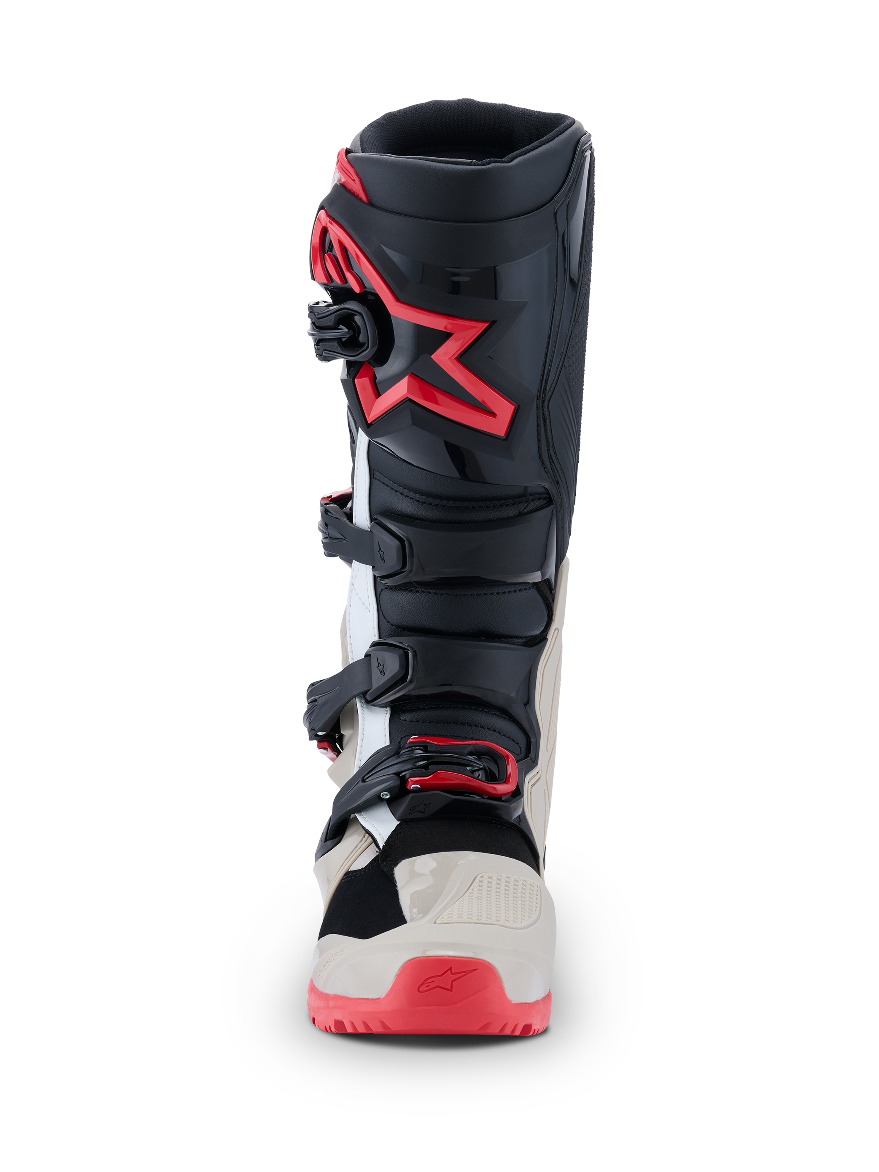 Alpinestars 2026 Tech 7 Enduro Stiefel, Motocross-Stiefel, Schwarz, Hellgrau und leuchtendes Rot, Vorderansicht mit Mehrfach-Schnallenverschlusssystem und rotem Stern-Logo auf dem Schienbein