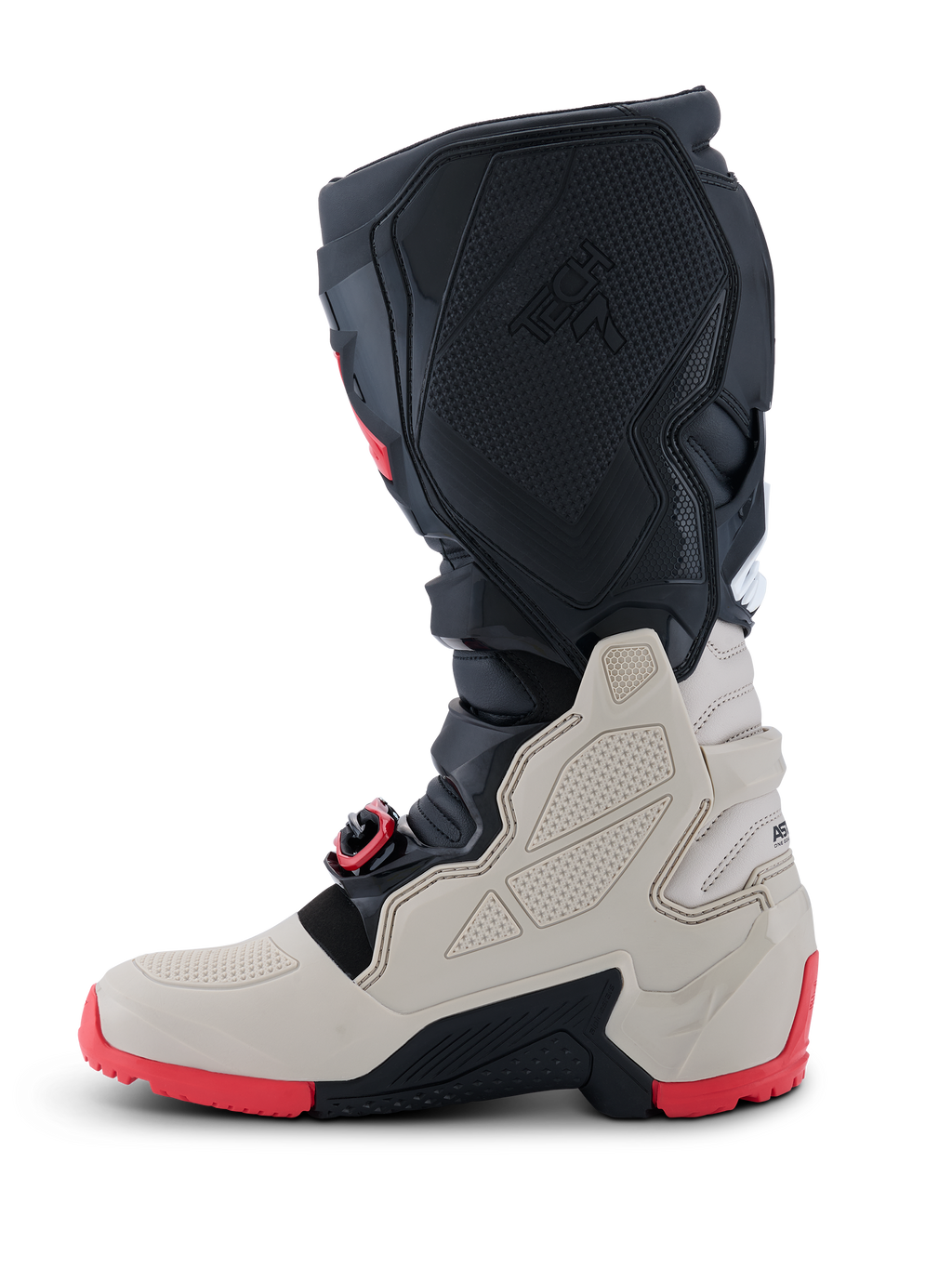 Alpinestars 2026 Tech 7 Enduro Stiefel, Offroad-Motorradstiefel, Schwarz, Hellgrau und leuchtendes Rot, Profilansicht mit TPU-Schutzpaneelen, selbstausrichtendem Schnallensystem und robuster roter Dual-Compound-Sohle für Enduro-Fahrten