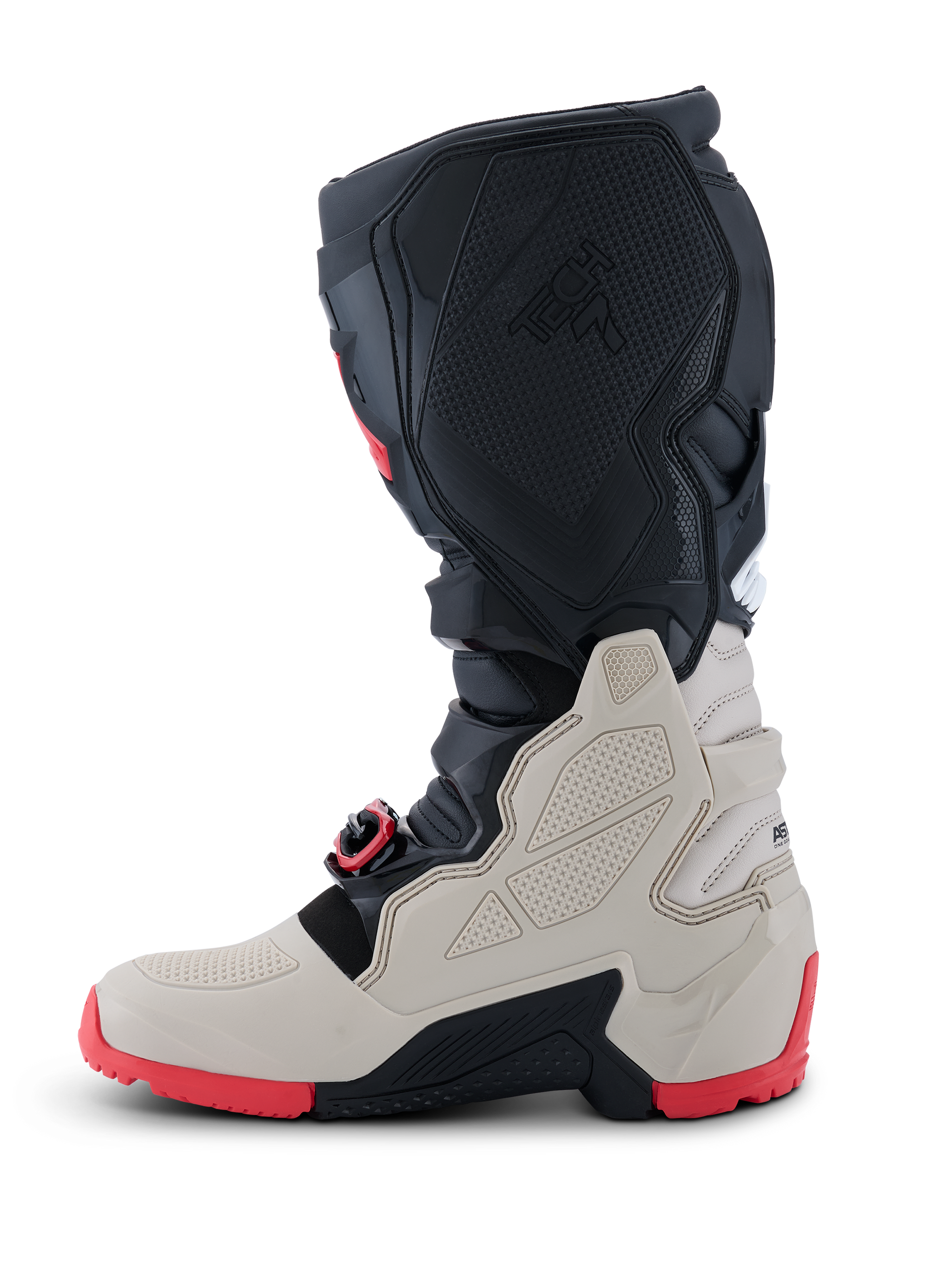 Alpinestars 2026 Tech 7 Enduro Stiefel, Offroad-Motorradstiefel, Schwarz, Hellgrau und leuchtendes Rot, Profilansicht mit TPU-Schutzpaneelen, selbstausrichtendem Schnallensystem und robuster roter Dual-Compound-Sohle für Enduro-Fahrten