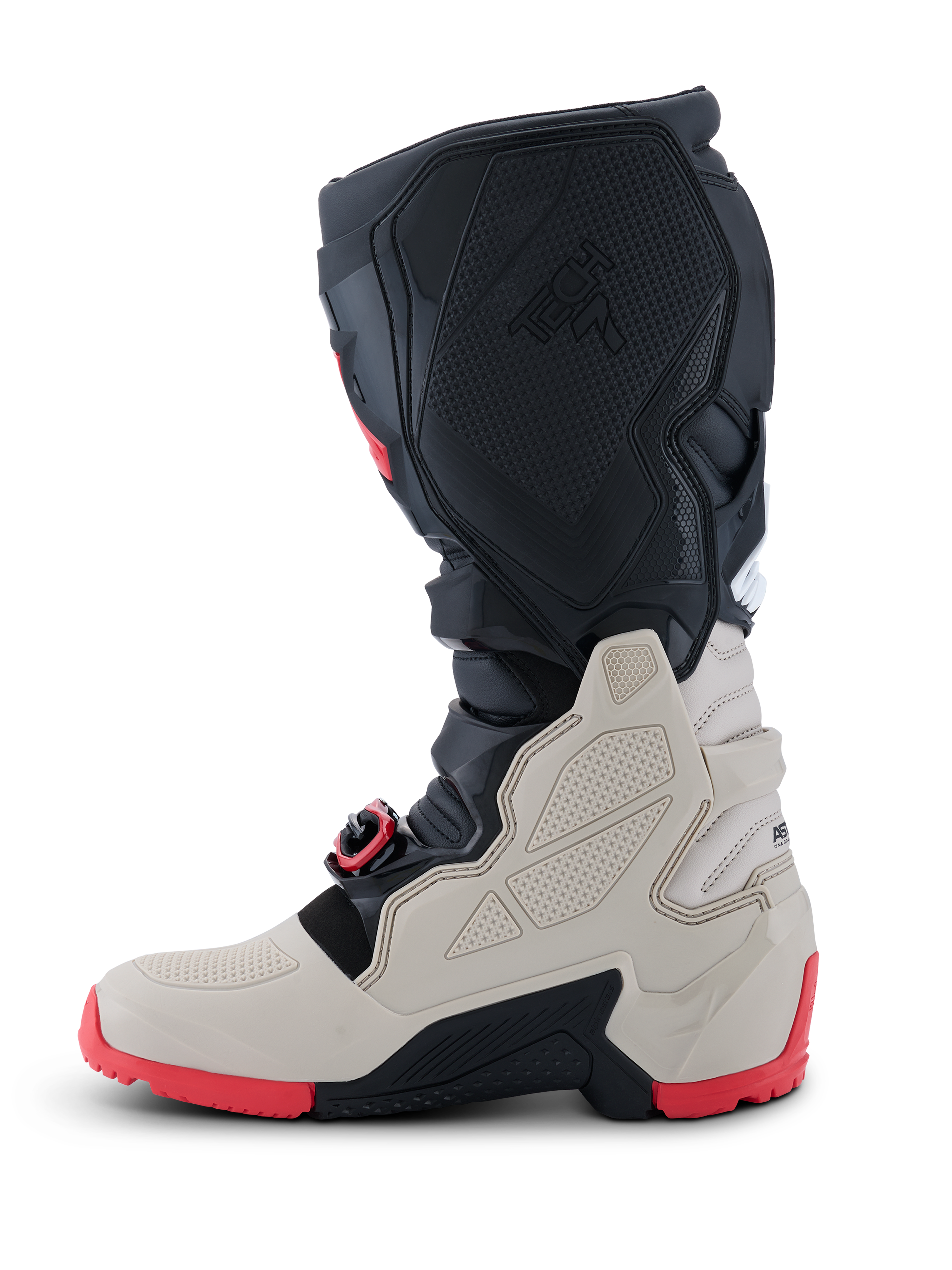 Alpinestars 2026 Tech 7 Enduro Stiefel, Offroad-Motorradstiefel, Schwarz, Hellgrau und leuchtendes Rot, Profilansicht mit TPU-Schutzpaneelen, selbstausrichtendem Schnallensystem und robuster roter Dual-Compound-Sohle für Enduro-Fahrten