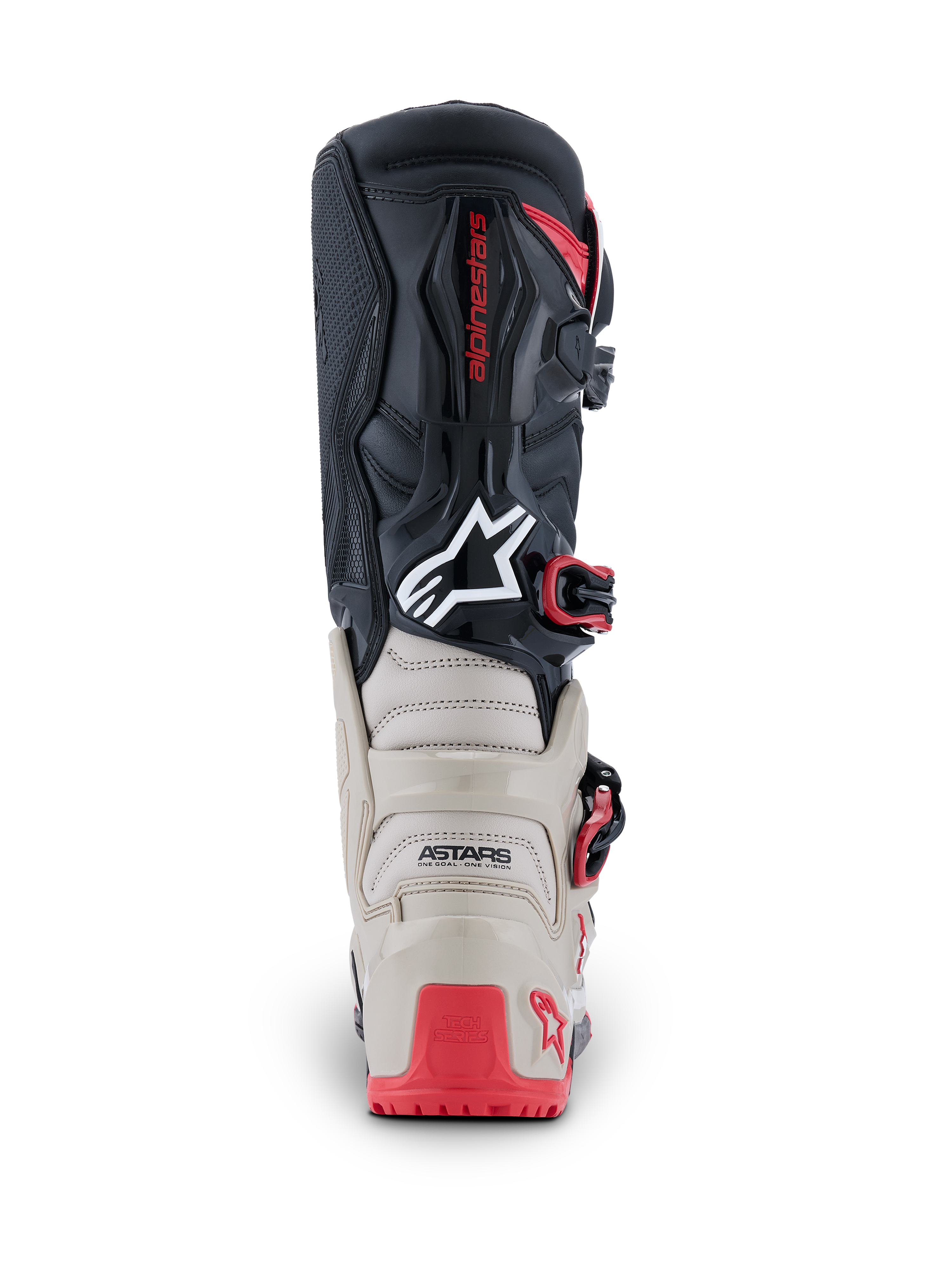 Alpinestars 2026 Tech 7 Enduro Stiefel, Rückansicht, Schwarz, Hellgrau und Hellrot, mit verstärktem TPU-Schutz an Ferse und Wade, weißem Astars-Logo und roten Schnallenakzenten, strapazierfähige Konstruktion für Offroad-Rennsport