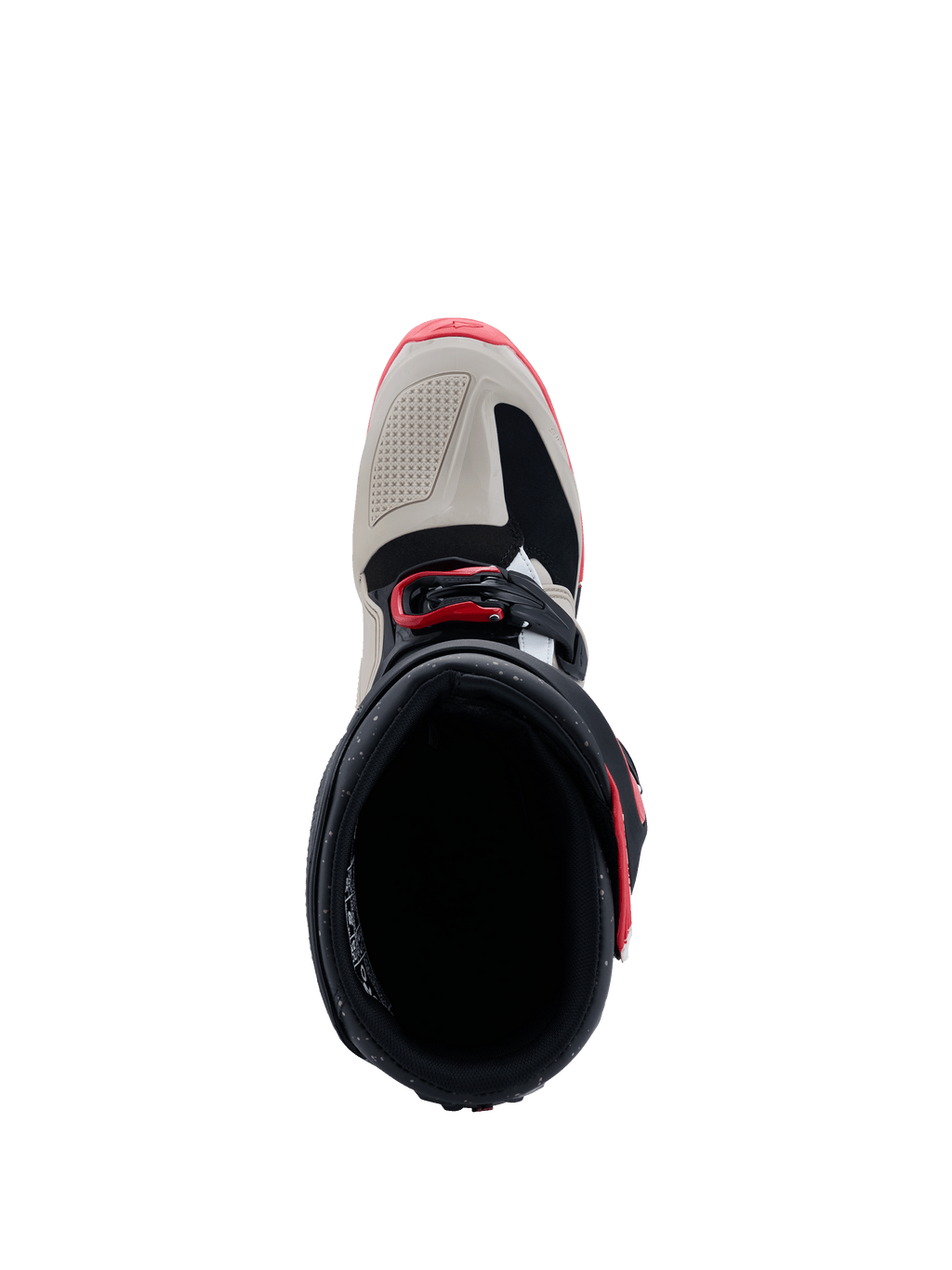 Alpinestars 2026 Tech 7 Enduro Stiefel, Schwarz, Hellgrau und Hellrot, Draufsicht mit Fokus auf Stiefelöffnung und Zehenbereich, hellgraue TPU-Verstärkungen und rote Schnallenakzente, spezialisiertes Offroad-Schuhwerk.