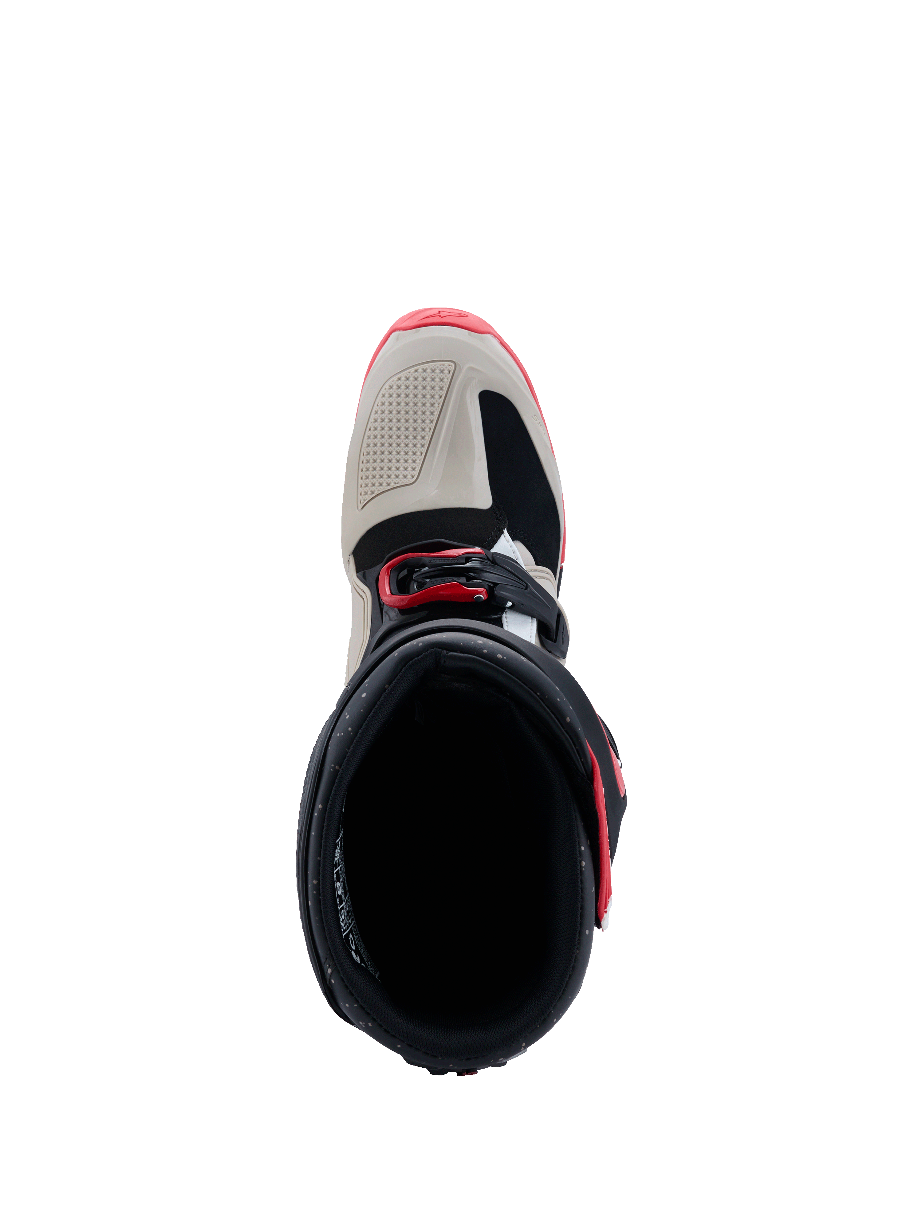 Alpinestars 2026 Tech 7 Enduro Stiefel, Schwarz, Hellgrau und Hellrot, Draufsicht mit Fokus auf Stiefelöffnung und Zehenbereich, hellgraue TPU-Verstärkungen und rote Schnallenakzente, spezialisiertes Offroad-Schuhwerk.