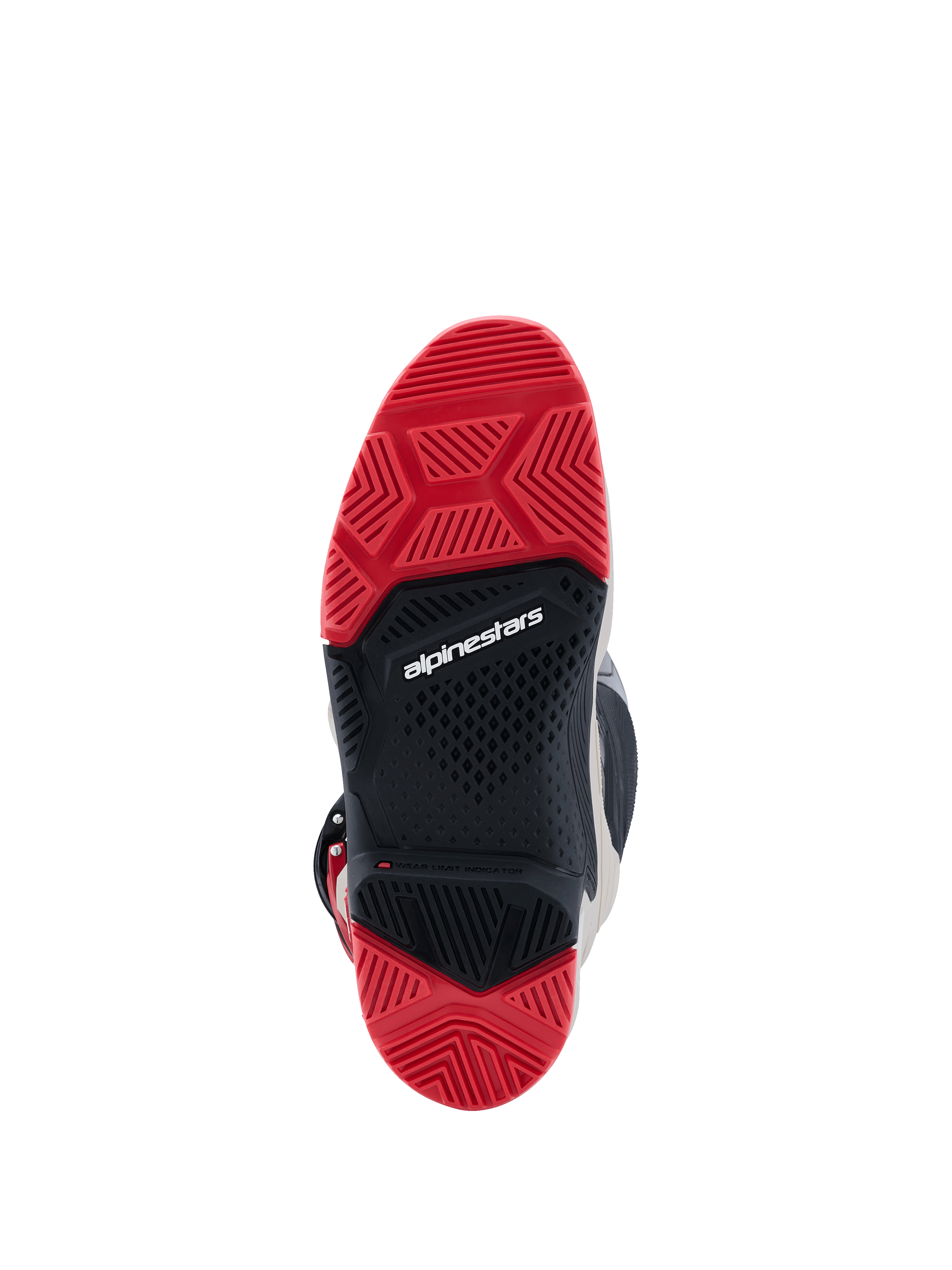 Alpinestars 2026 Tech 7 Enduro Stiefel, Unteransicht der Dual-Compound-Sohle, leuchtend rotes und schwarzes Gummi mit speziellem Profilmuster für Offroad-Grip, weißes Alpinestars-Logo in der Mitte