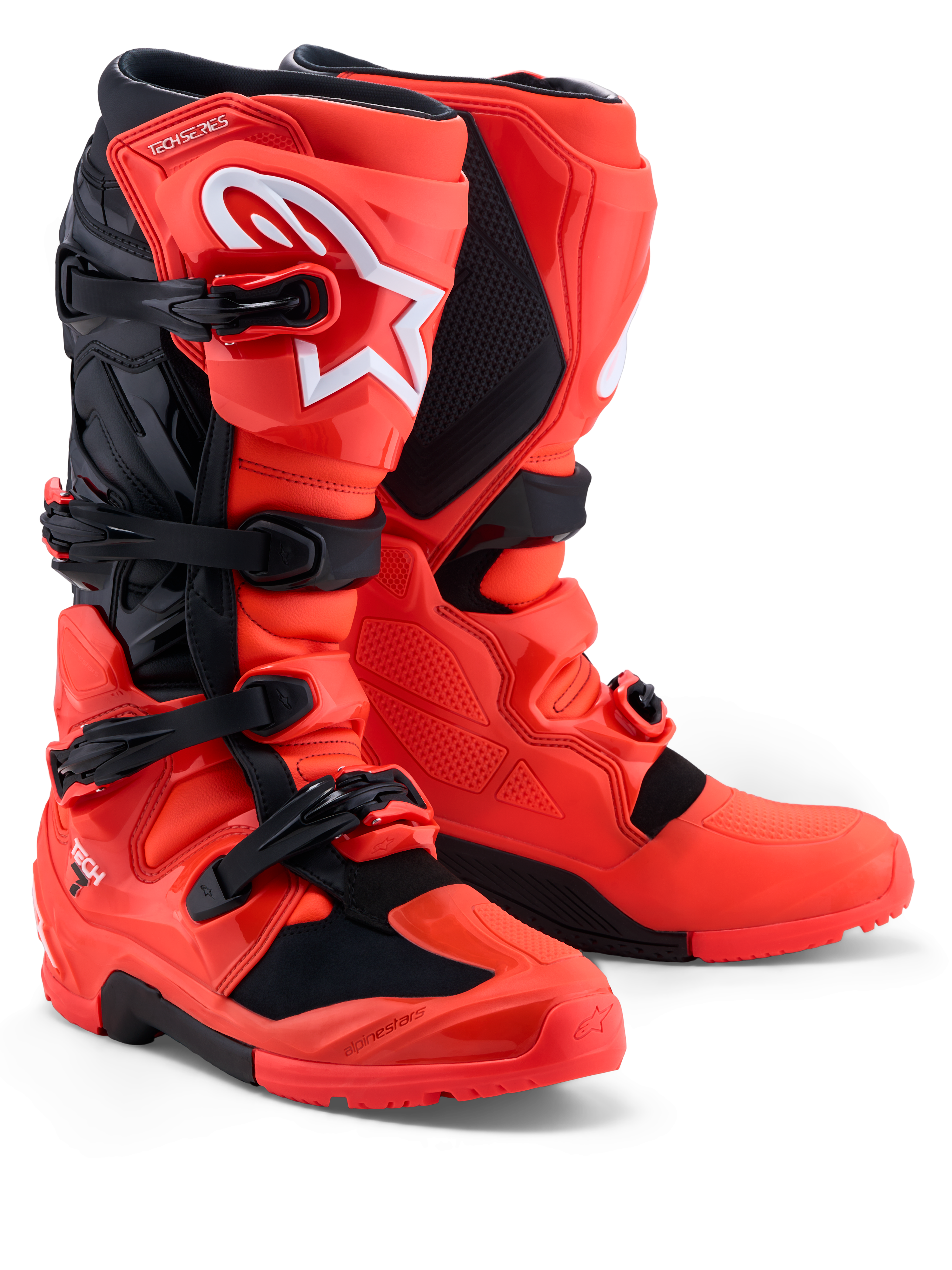 Alpinestars Tech 7 Enduro Boots, red and black off-road motocross boots with TPU protection and a secure buckle system.