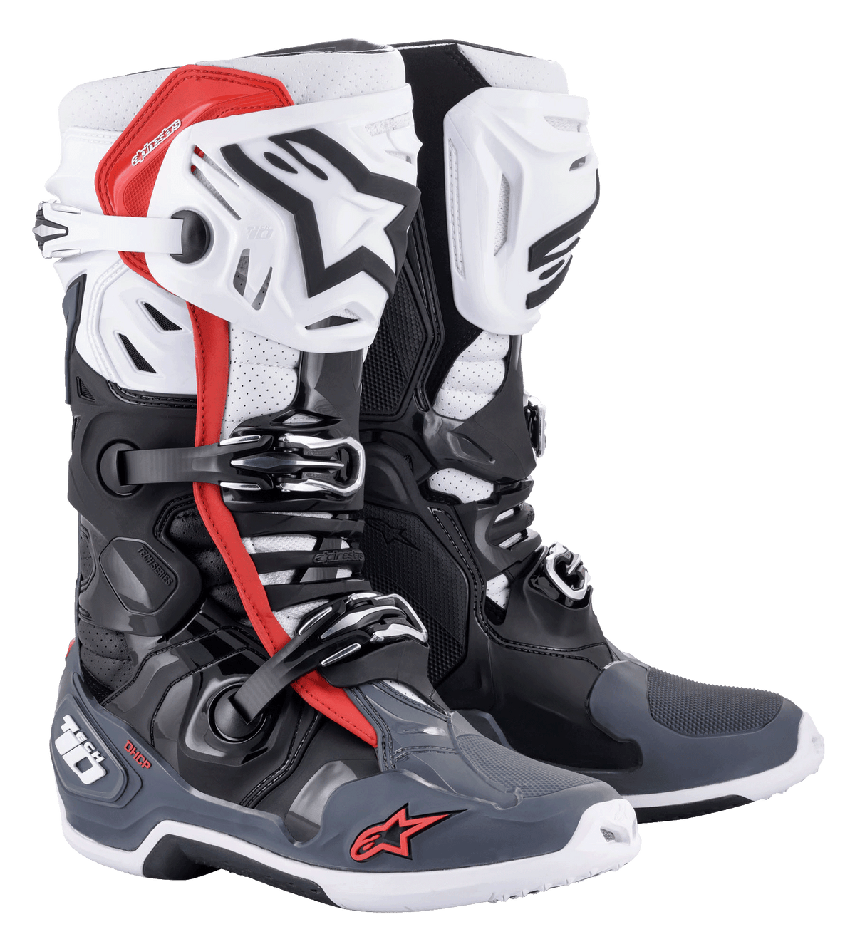 Alpinestars Tech 10 Supervented Stiefel, Motocross-Stiefel, Schwarz, Weiß, Mittelgrau und Rot, mit belüfteten Schienbeinplatten, perforierter Mikrofaser-Konstruktion für Luftzirkulation, Mehrfach-Schnallenverschlusssystem und Alpinestars-Logo an Zehen und Ferse.
