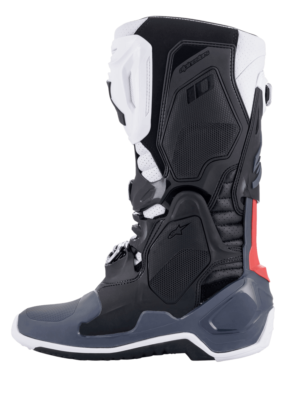 Alpinestars Tech 10 Supervented Boots, Motocross Boots, Black White Mid Gray and Red, side profile view, featuring ventilated TPU panels, perforated microfiber construction, and high-performance sole for off-road riding