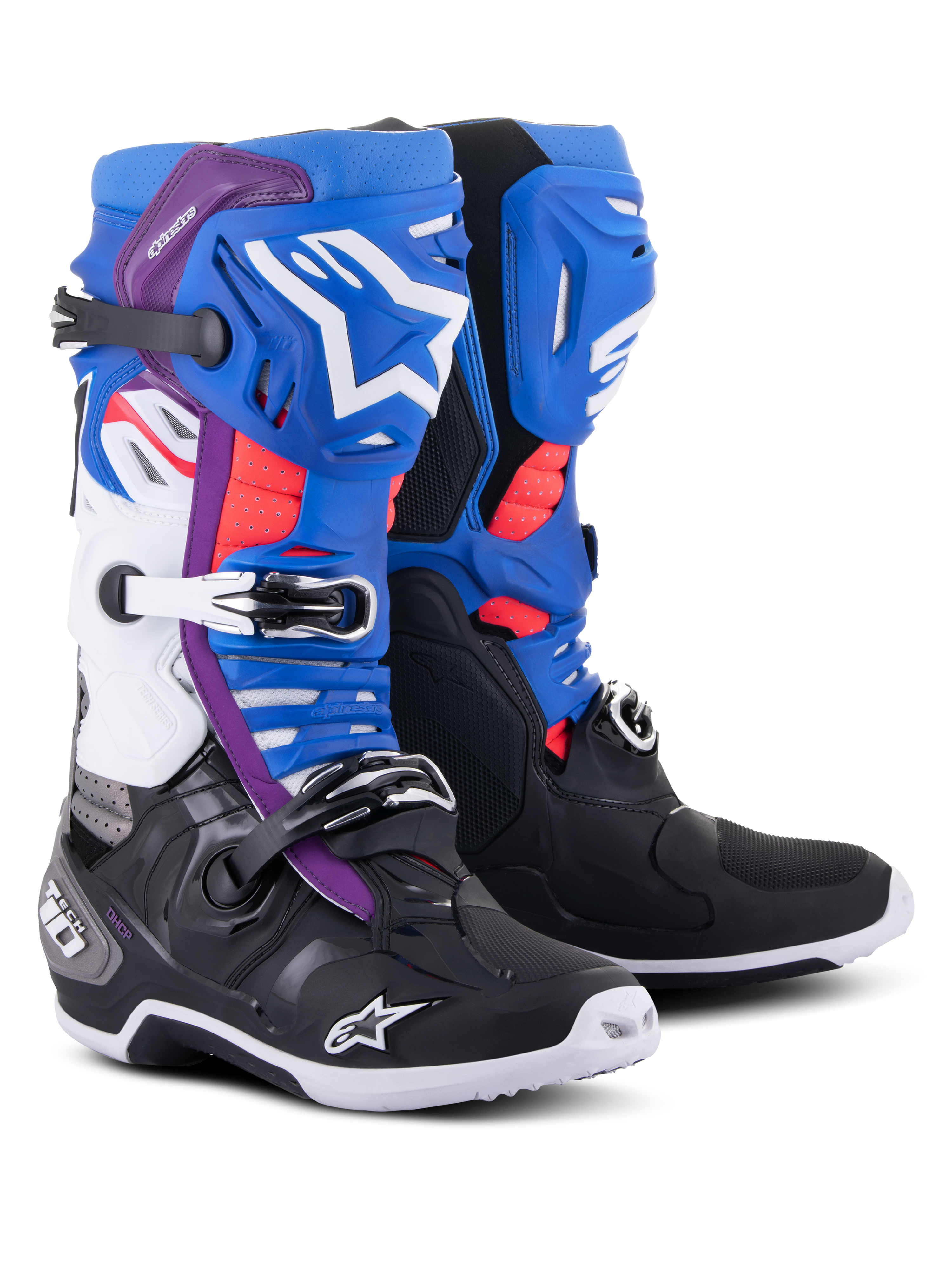 Alpinestars Tech 10 Supervented Stiefel, Motocross-Stiefel, Schwarz, Emaille-Blau, Lila und Weiß, mit belüfteten Schienbeinplatten, weißem Alpinestars-Branding, roten Mesh-Akzenten und sicheren Schnallenverschlüssen für Offroad-Performance.