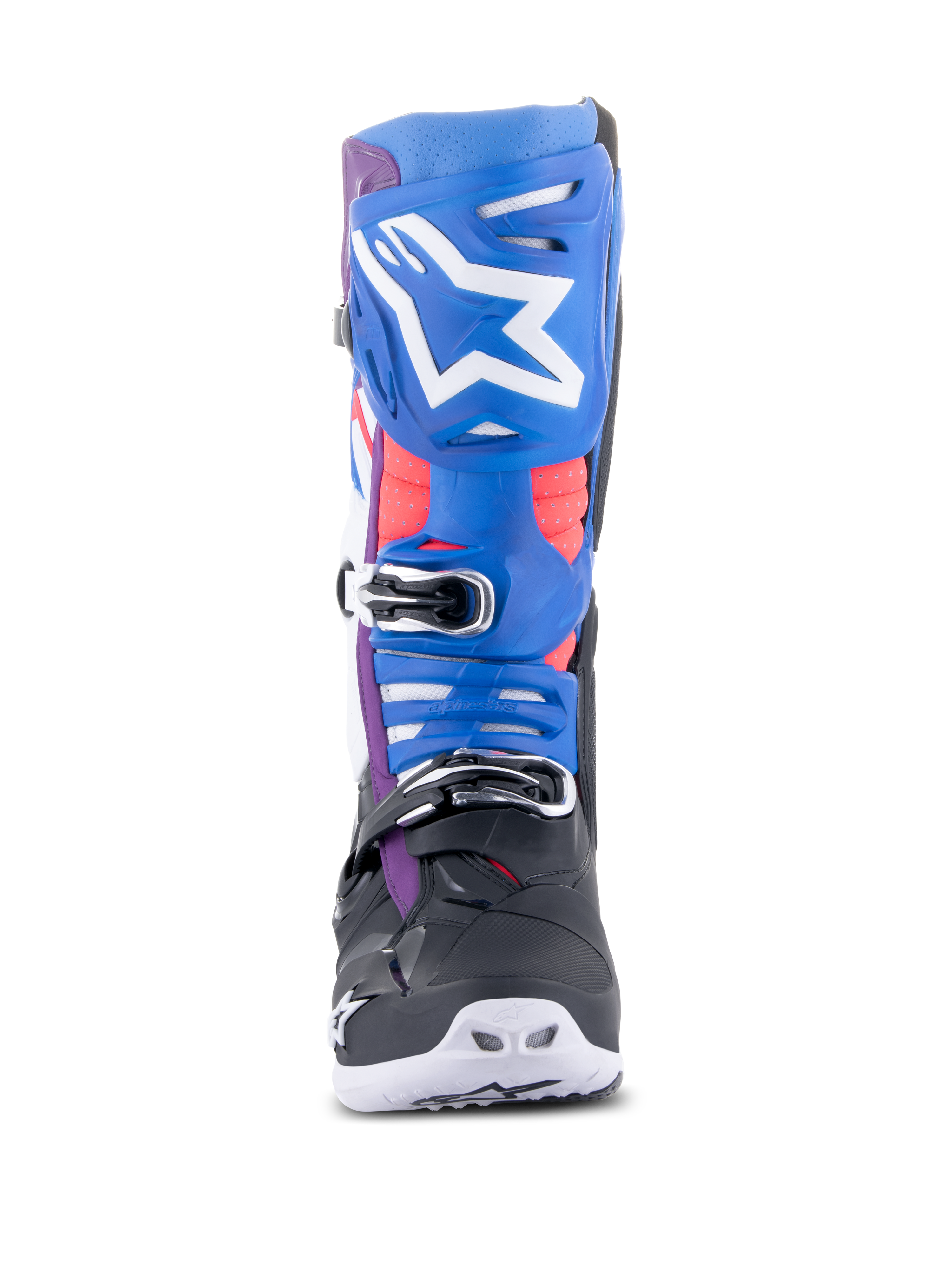 Alpinestars Tech 10 Supervented Stiefel, Motocross-Stiefel, Schwarz Enamel-Blau Lila Weiß, Vorderansicht mit blauer Schienbeinplatte und weißem Stern-Logo, verchromte Schnallen und belüftete Konstruktion für den Offroad-Rennsport.