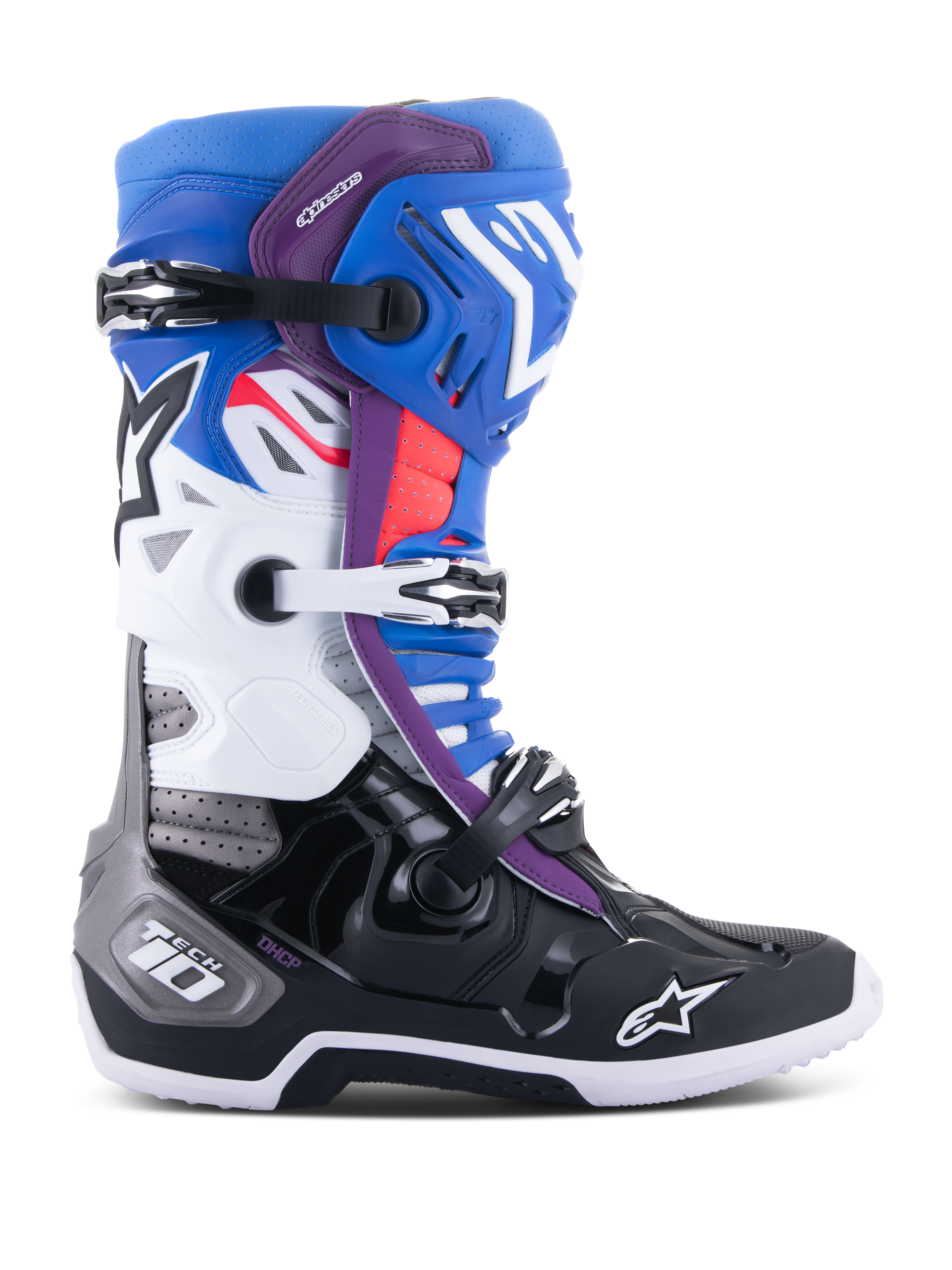 Alpinestars Tech 10 Supervented Stiefel, Motocross-Rennstiefel, Blau, Lila, Weiß, Schwarz und Rot, Seitenansicht mit einem Dreifach-Schnallen-Verschlusssystem, Belüftungszonen und Alpinestars Stern-Logo.