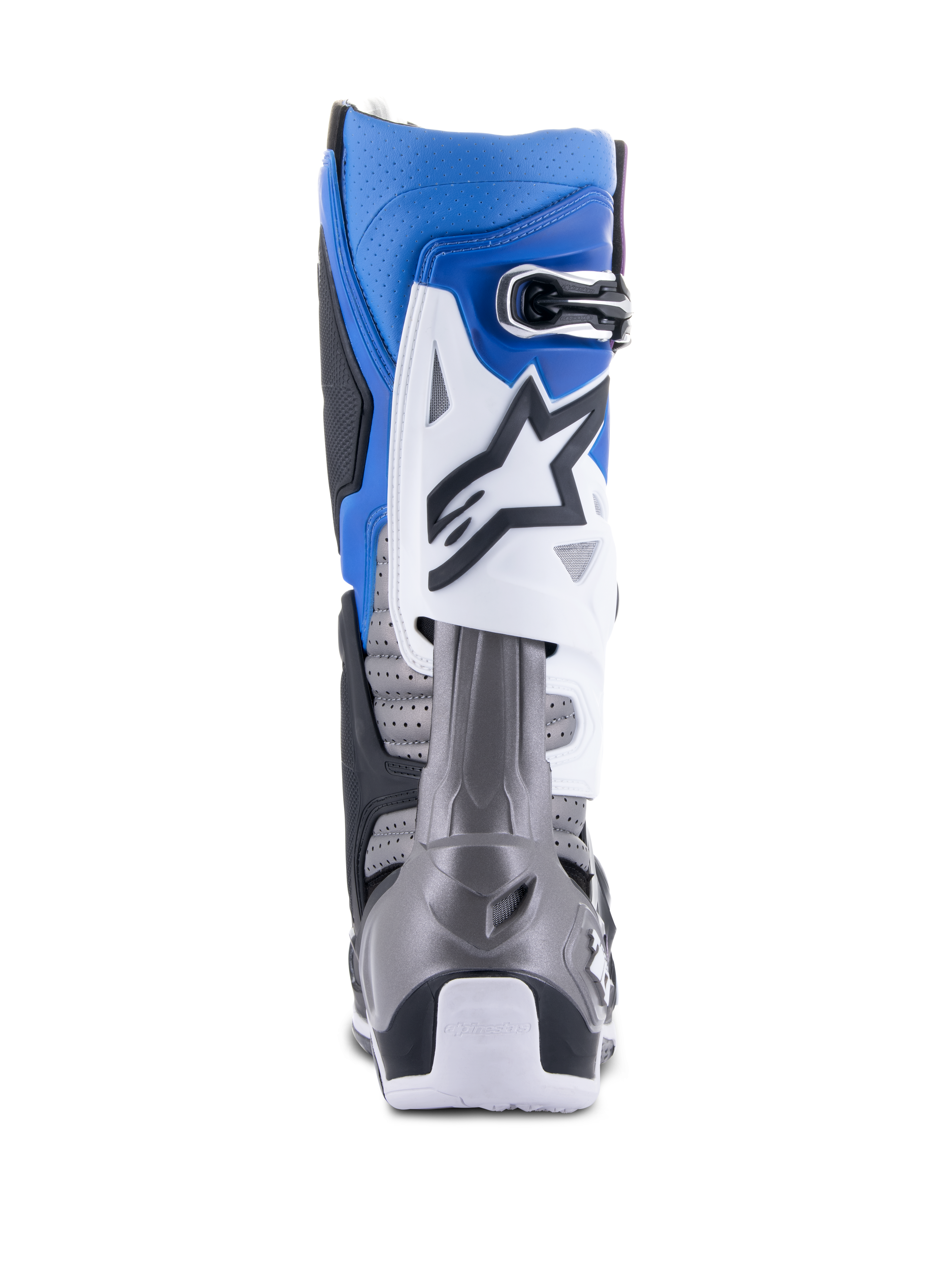 Alpinestars Tech 10 Supervented Stiefel, Motocross-Stiefel, Schwarz, Enamel-Blau, Lila und Weiß, Rückansicht mit perforierter Mikrofaser zur Belüftung, blau-weißer Oberbereich mit grauem Fersenschutz, Hochleistungs-Offroad-Rennausrüstung.