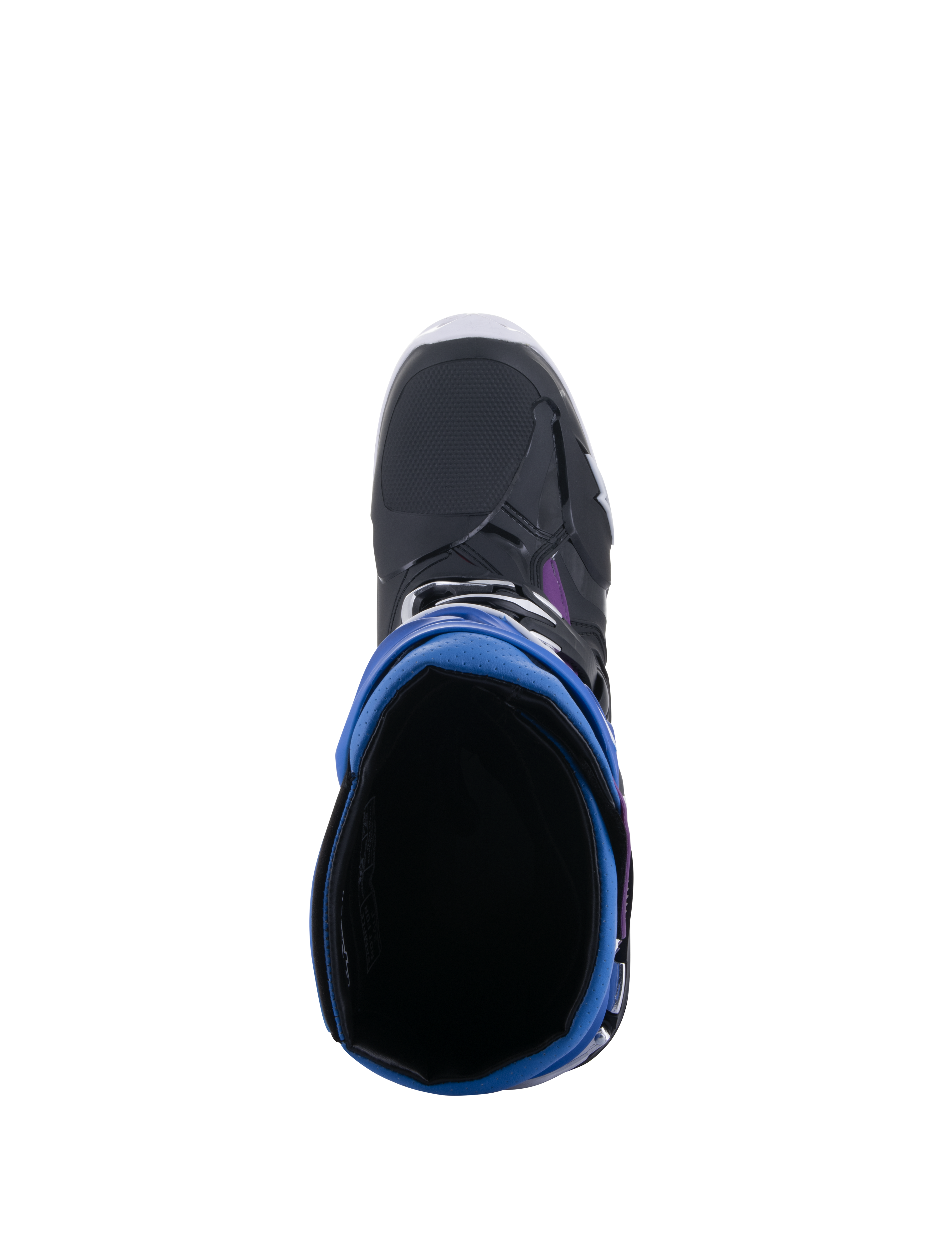 Alpinestars Tech 10 Supervented Stiefel, Draufsicht mit Blick in die Stiefelöffnung, Farbkombination Schwarz, Enamel Blau, Lila und Weiß, zeigt das 3D-Mesh-Futter und die blaue Gamasche, Hochleistungs-Motocross-Schuhwerk