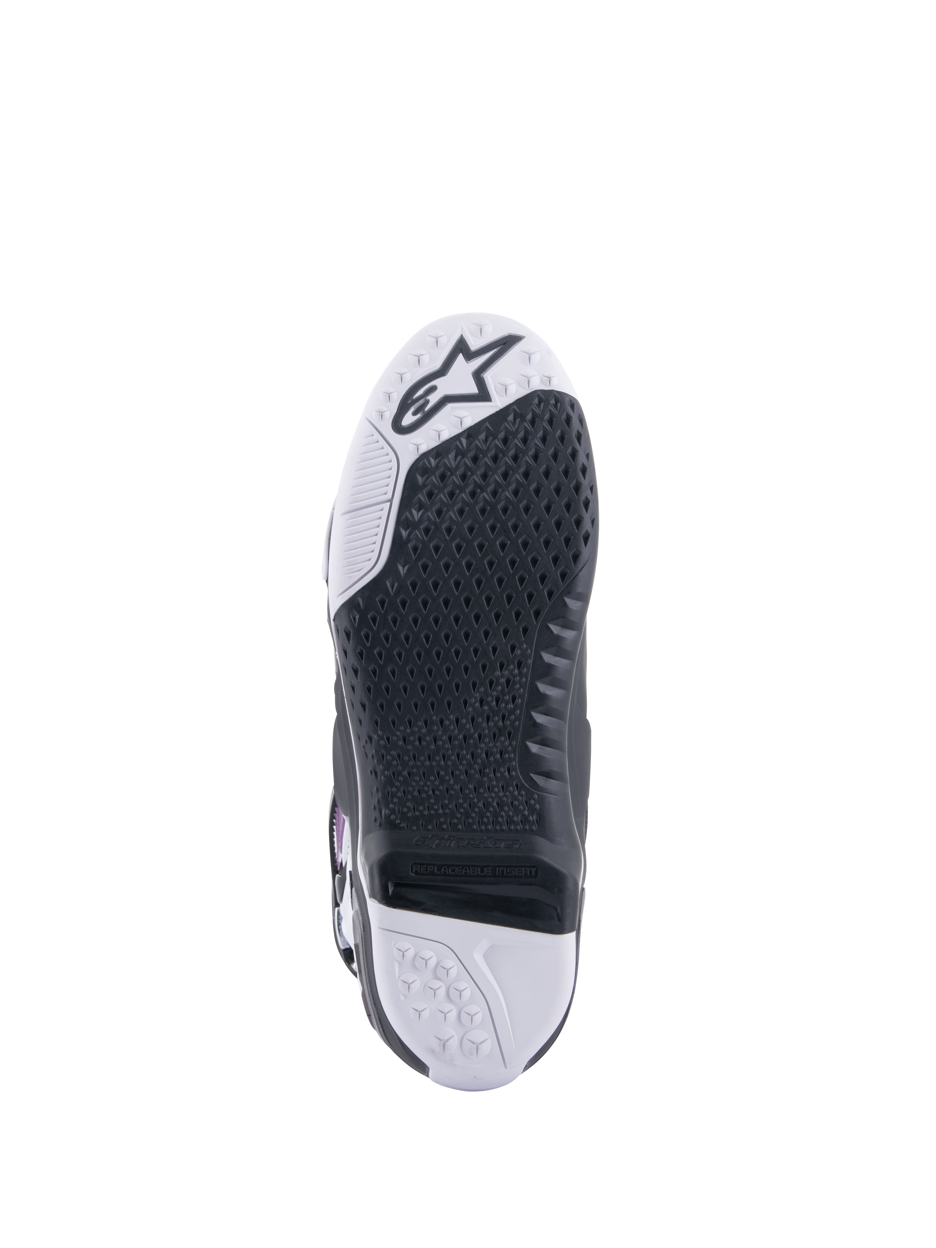 Alpinestars Tech 10 Supervented Stiefel, Motocross-Stiefel, Sohlenansicht, schwarzes Waben-Grippmuster auf weißem und schwarzem Untergrund, austauschbarer zentraler Einsatz, mit Alpinestars-Logo im Zehenbereich
