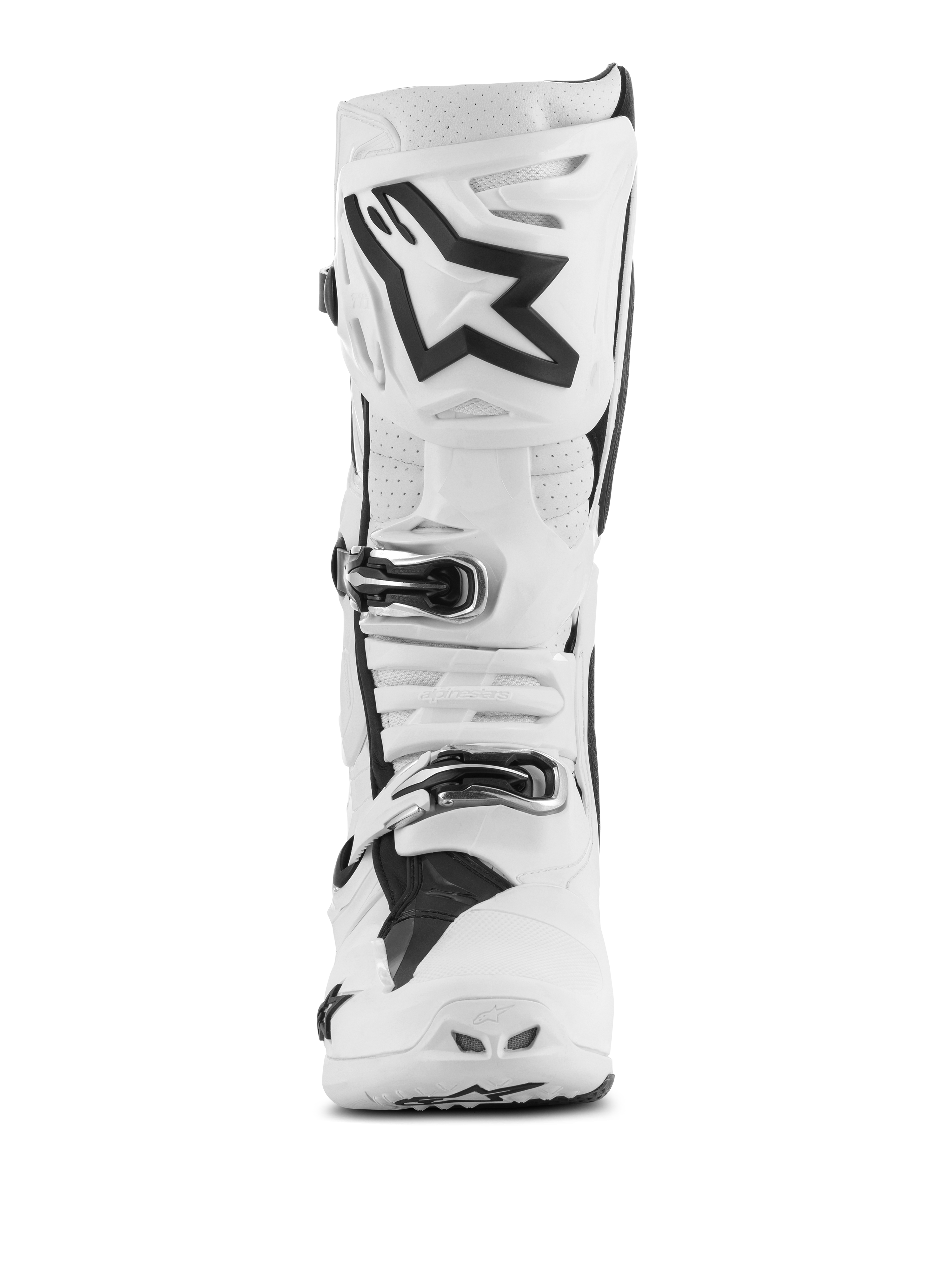 Alpinestars Tech 10 Supervented Stiefel, Motocross-Stiefel, Weiß mit schwarzen Akzenten, Frontansicht mit großem schwarzem Astar-Logo auf der Schienbeinplatte, Schnallenverschlusssystem und perforierten Bereichen zur Belüftung.