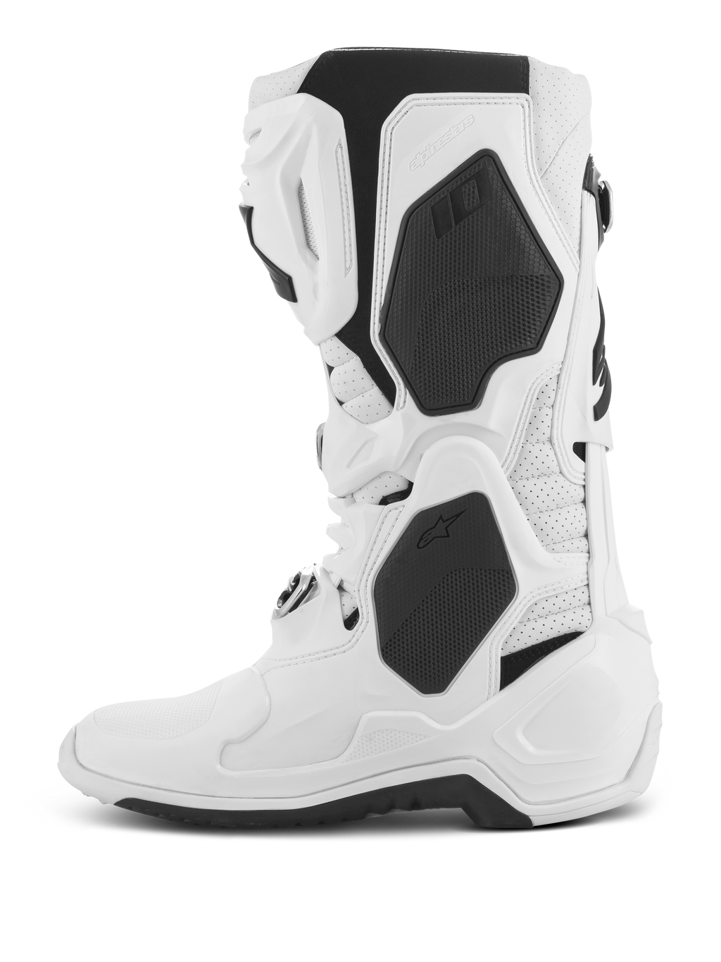 Alpinestars Tech 10 Supervented Stiefel, Motocross-Stiefel, Weiß, Seitenansicht, mit schwarzen TPU-Paneelen und perforierter Mikrofaser-Konstruktion, belüftete Schienbeinplatte für hohen Luftstrom, professionelles Schuhwerk für den Offroad-Rennsport